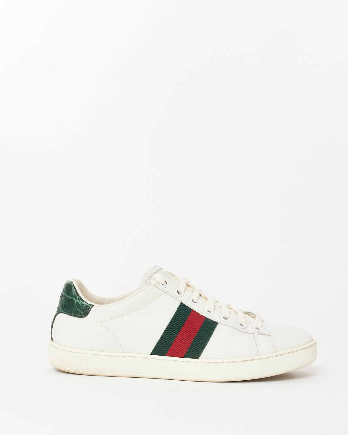 Gucci White Leather W/ Green & Red Stripe Ace Sneakers - 37