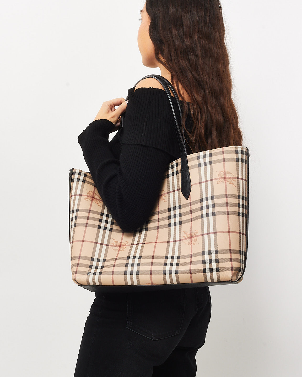 Burberry Black Leather & Beige Check Canvas Reversible Tote Bag