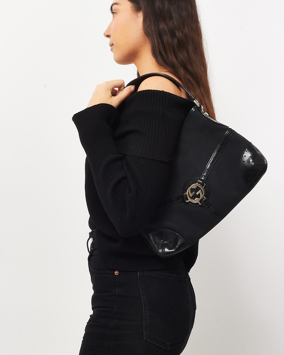 Gucci Black Canvas Interlock G Logo Reins Hobo Shoulder Bag