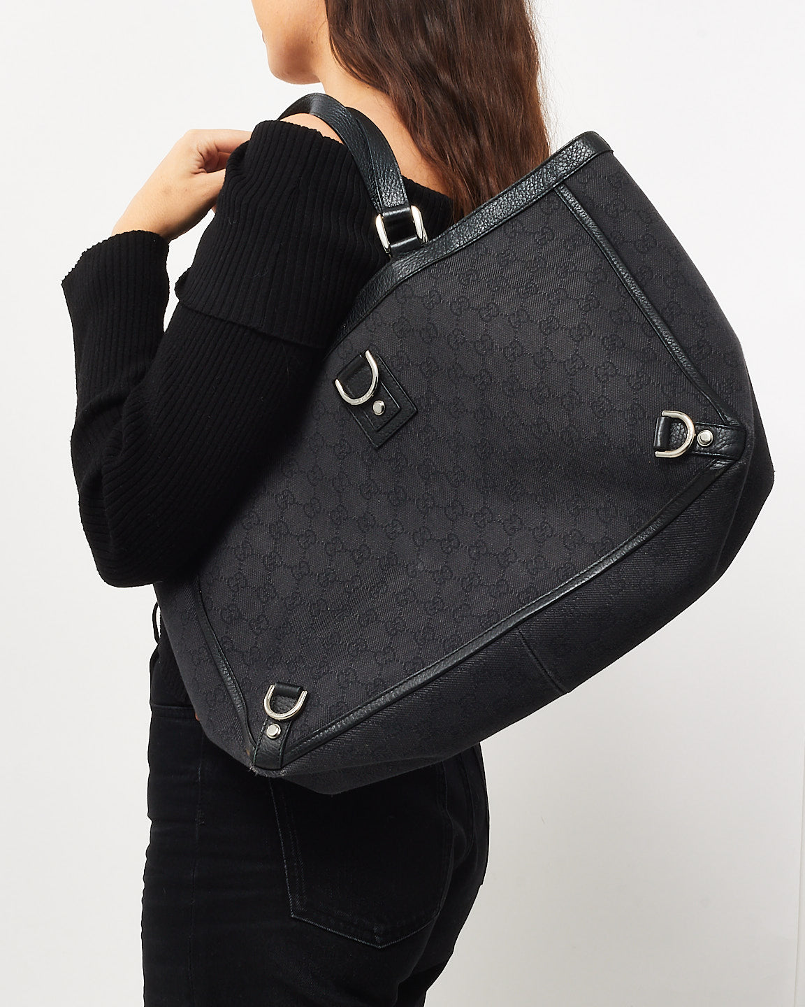 Gucci Black Monogram GG Canvas Abbey Large D-Ring Tote Bag