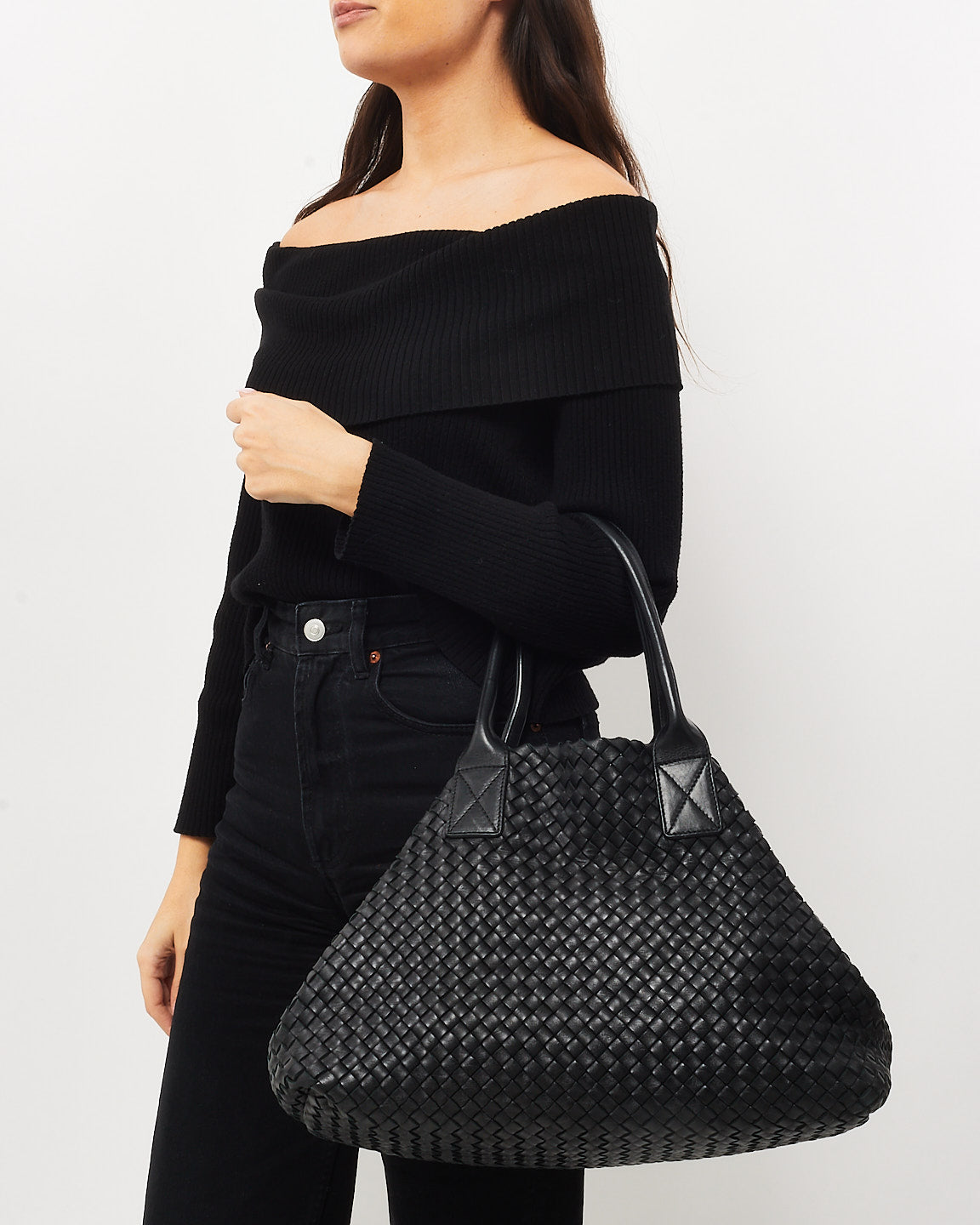 Bottega Veneta Black Intrecciato Leather Large Cabat Tote Bag
