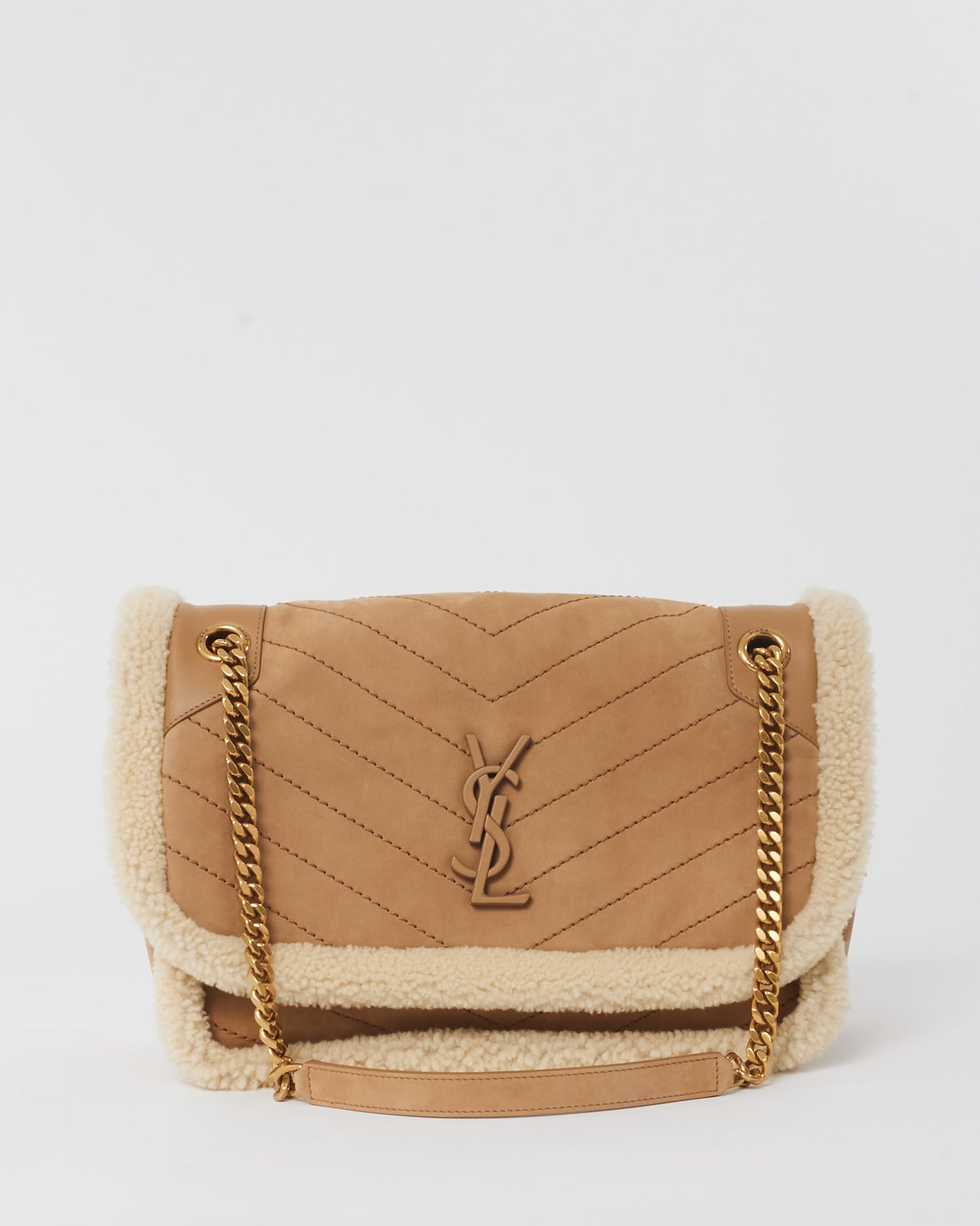 Saint Laurent Tan/Cream Nubuck And Shearling Medium Niki Shoulder Bag