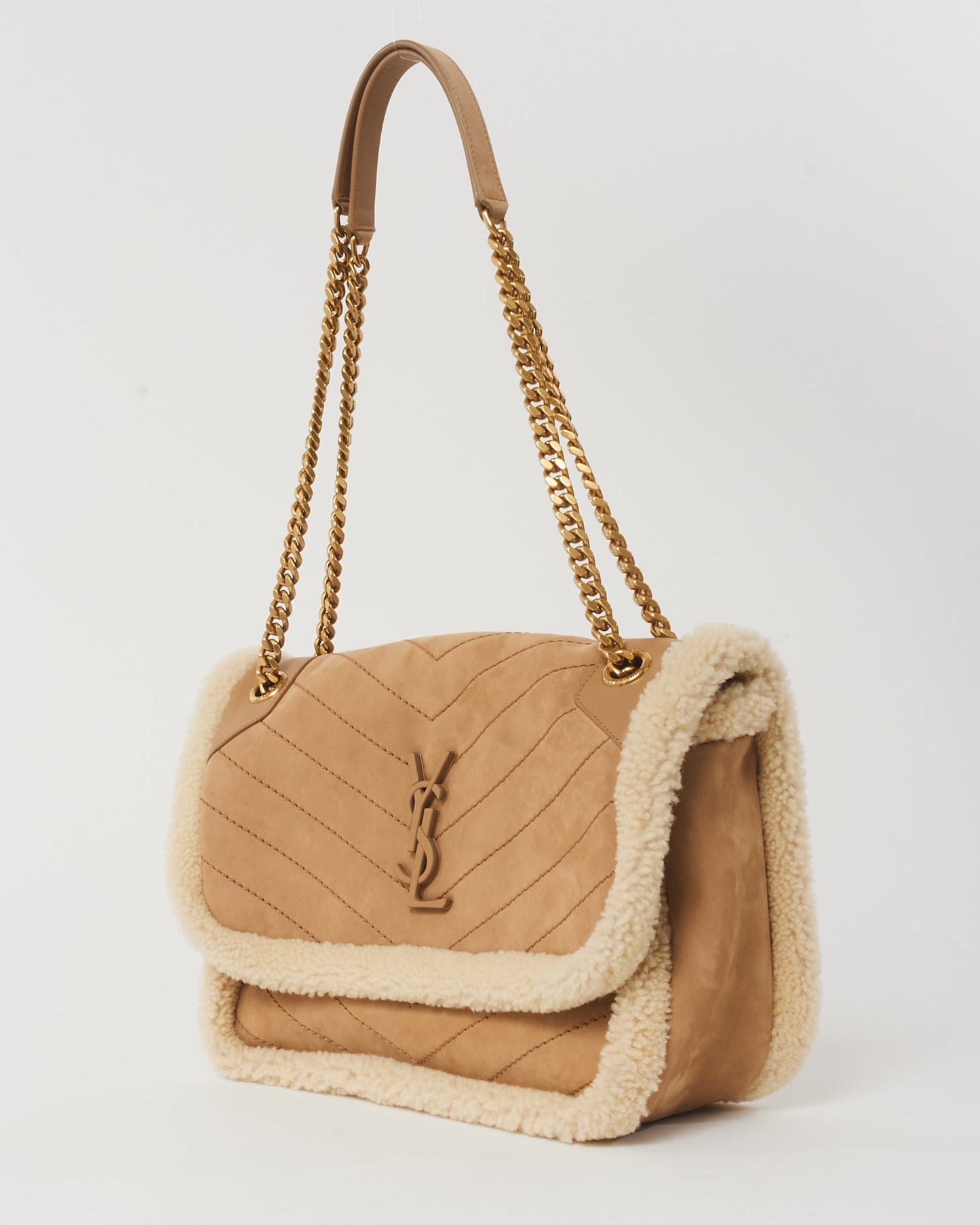 Saint Laurent Tan/Cream Nubuck And Shearling Medium Niki Shoulder Bag
