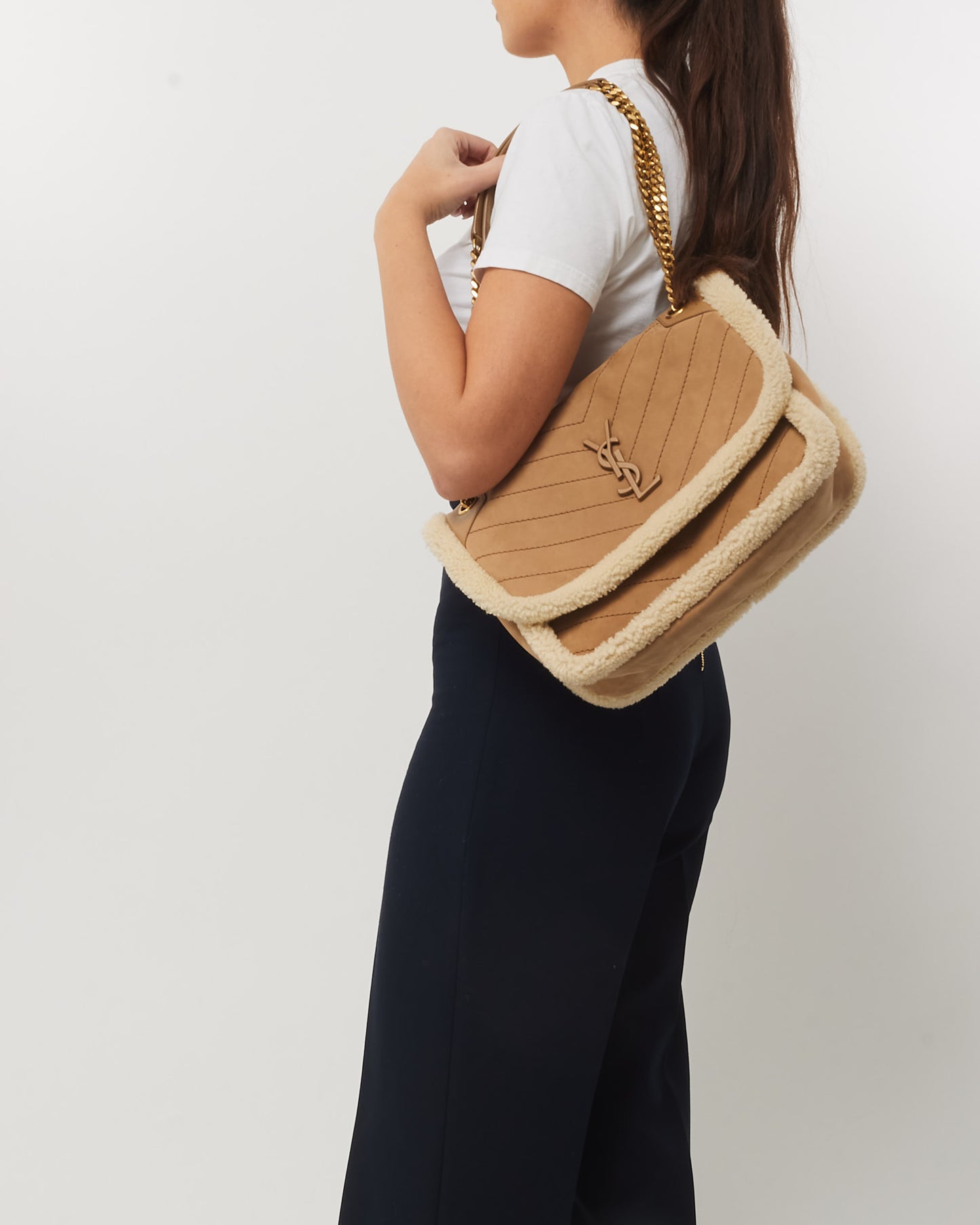 Saint Laurent Tan/Cream Nubuck And Shearling Medium Niki Shoulder Bag