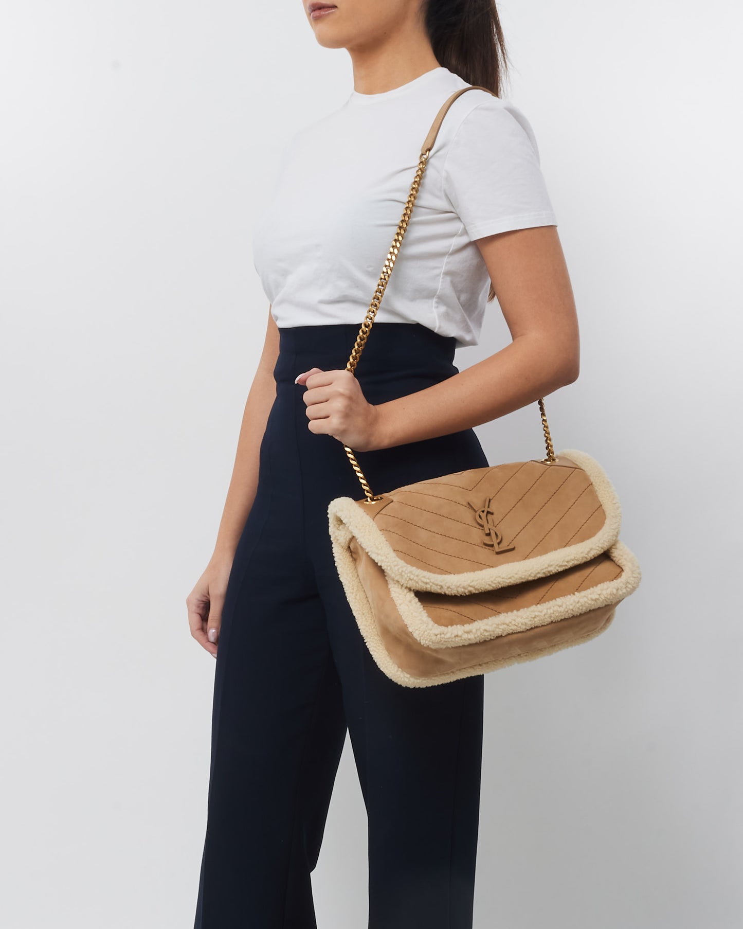 Saint Laurent Tan/Cream Nubuck And Shearling Medium Niki Shoulder Bag