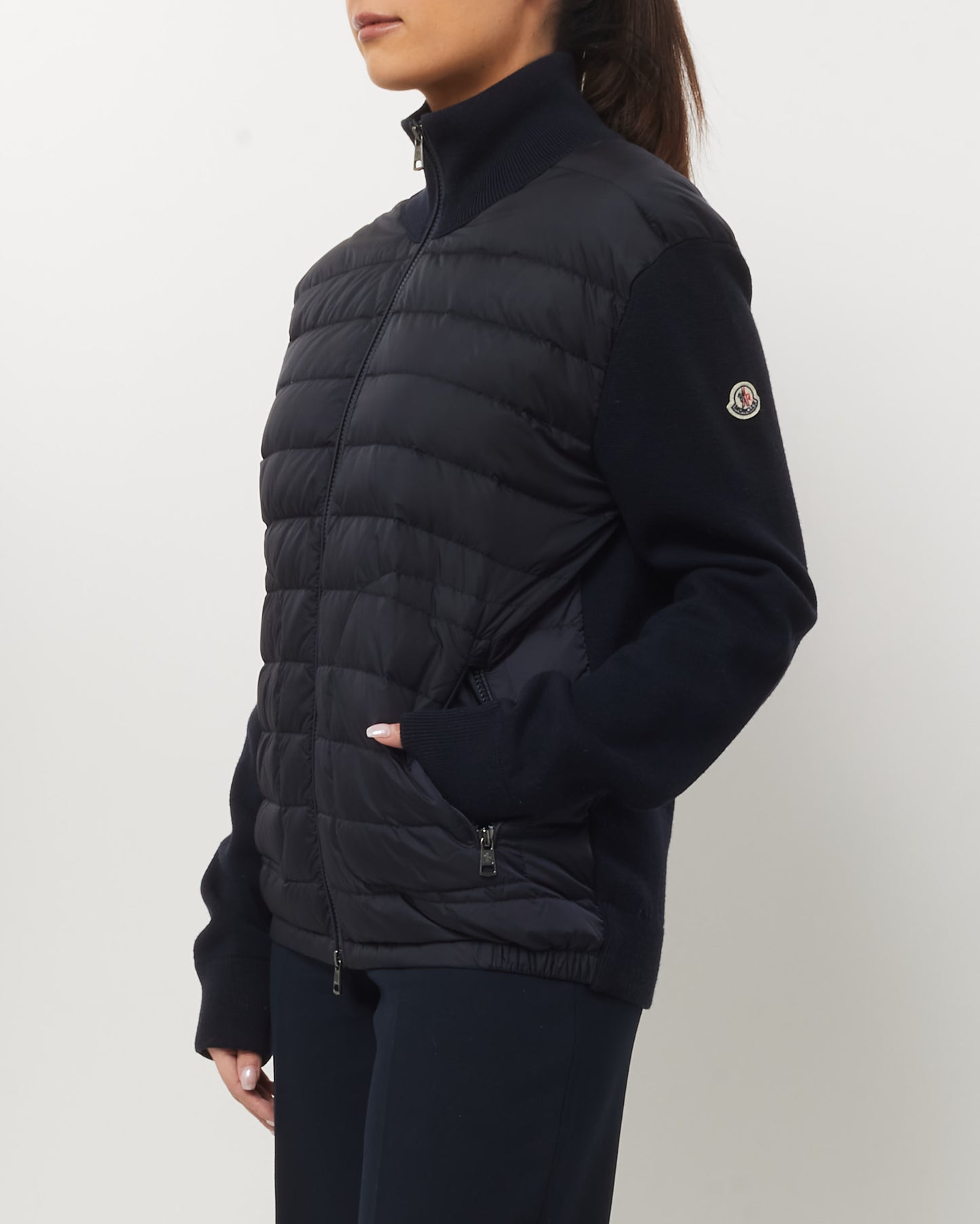 Moncler Men's Navy Quilted Nylon & Knit Cardigan Jacket - L