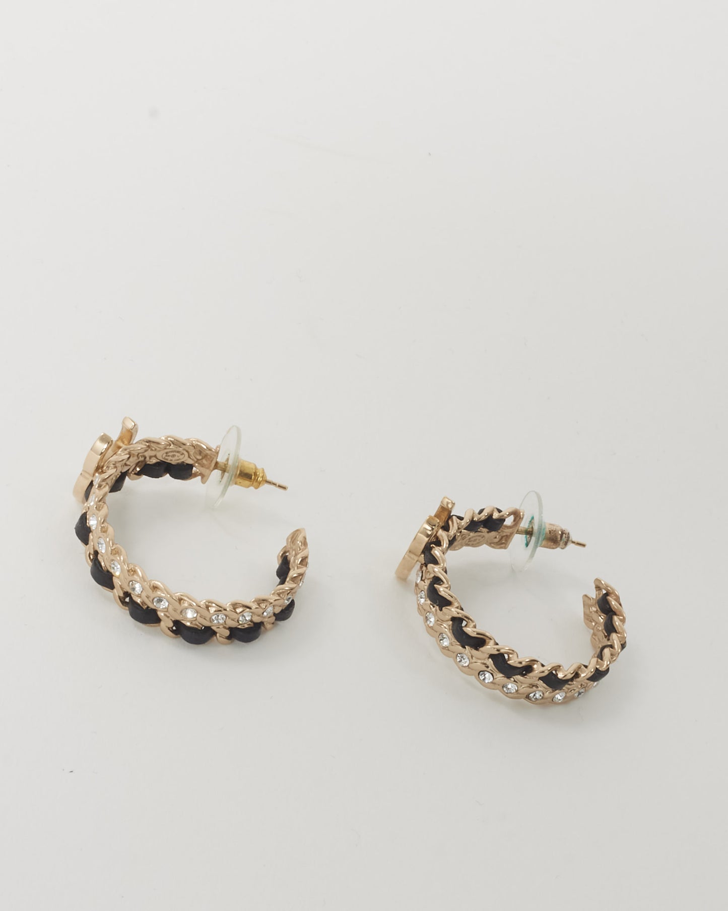 Chanel Gold-Tone Metal & Black Leather Crystal CC Chain Hoop Earrings