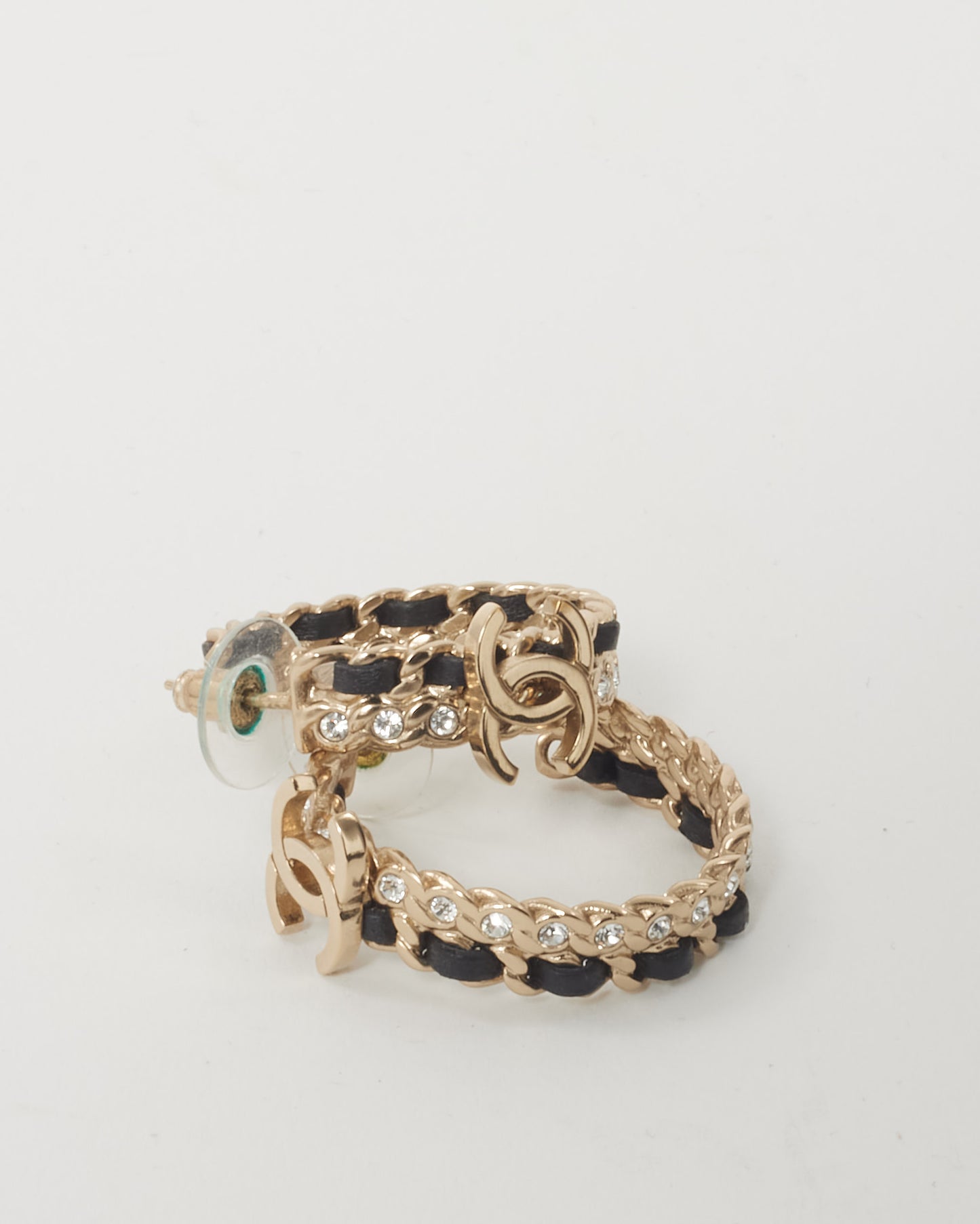 Chanel Gold-Tone Metal & Black Leather Crystal CC Chain Hoop Earrings