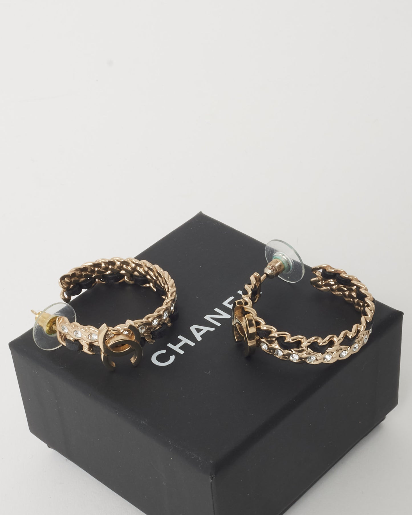 Chanel Gold-Tone Metal & Black Leather Crystal CC Chain Hoop Earrings