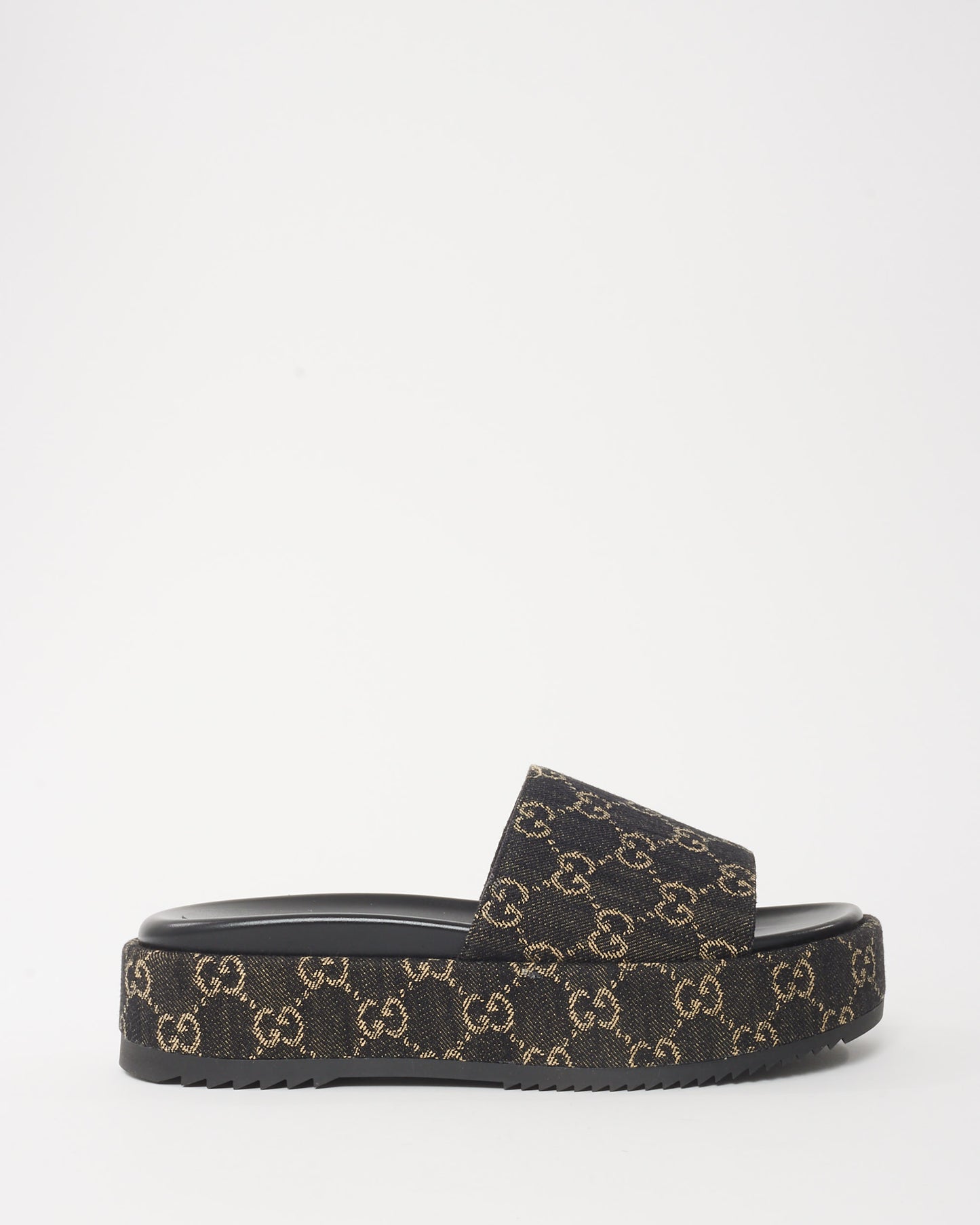 Gucci Black & White Jacquard GG Monogram Denim Platform Slides - 41