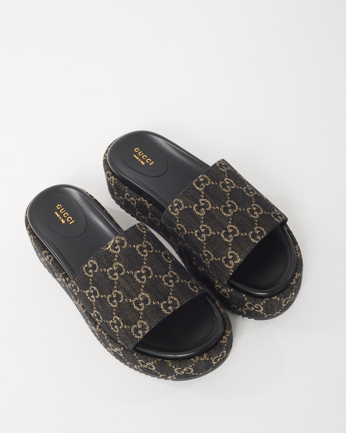 Gucci Black & White Jacquard GG Monogram Denim Platform Slides - 41