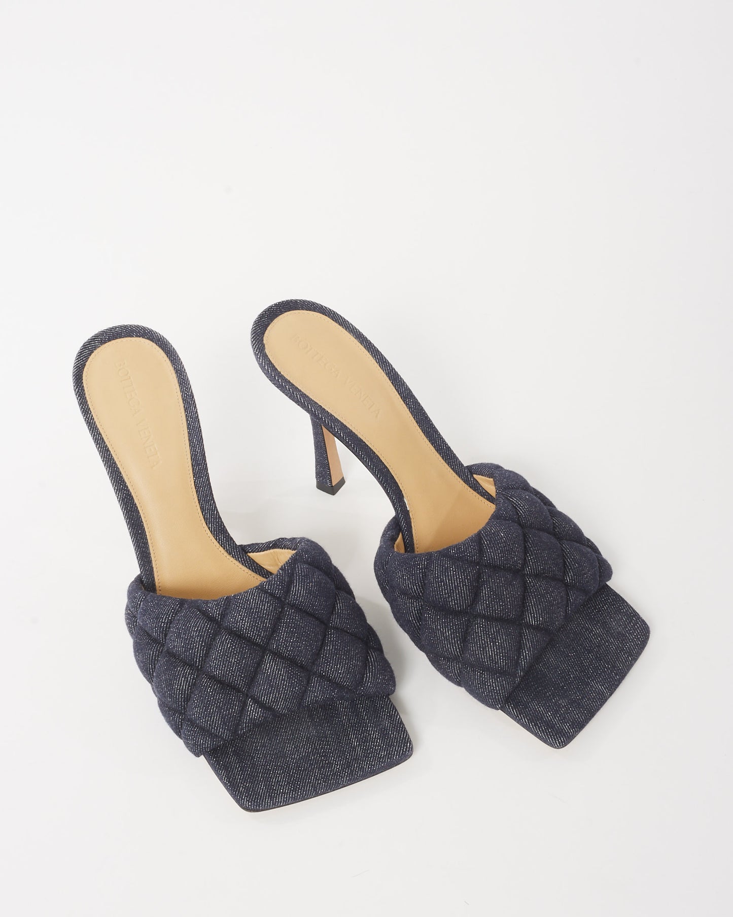 Bottega Veneta Indigo Blue Denim Padded Mule Heeled Sandals - 38