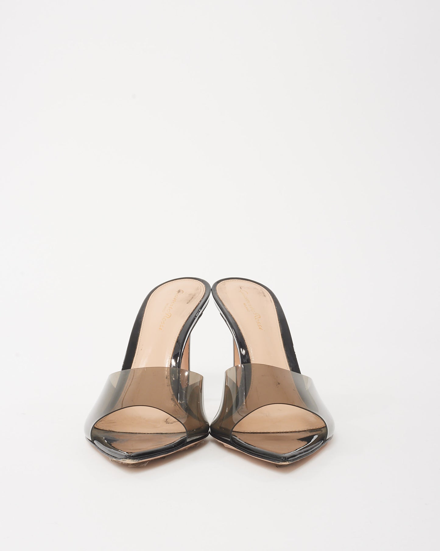 Gianvito Rossi Black Patent Leather & Glass Fume Elle 85mm Mule Heels -41.5