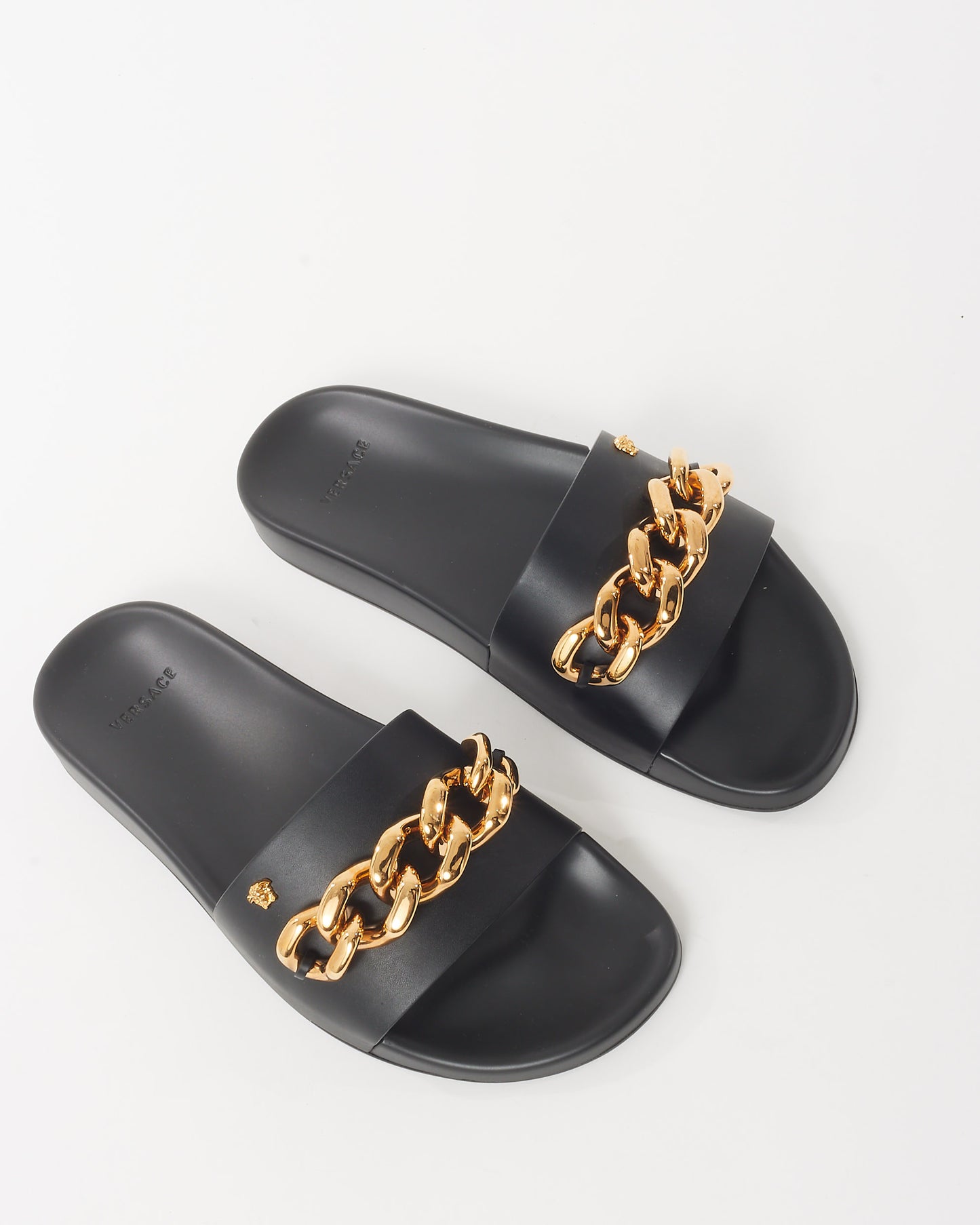 Versace Black Leather Chain Medusa Head Slide Sandals - 41