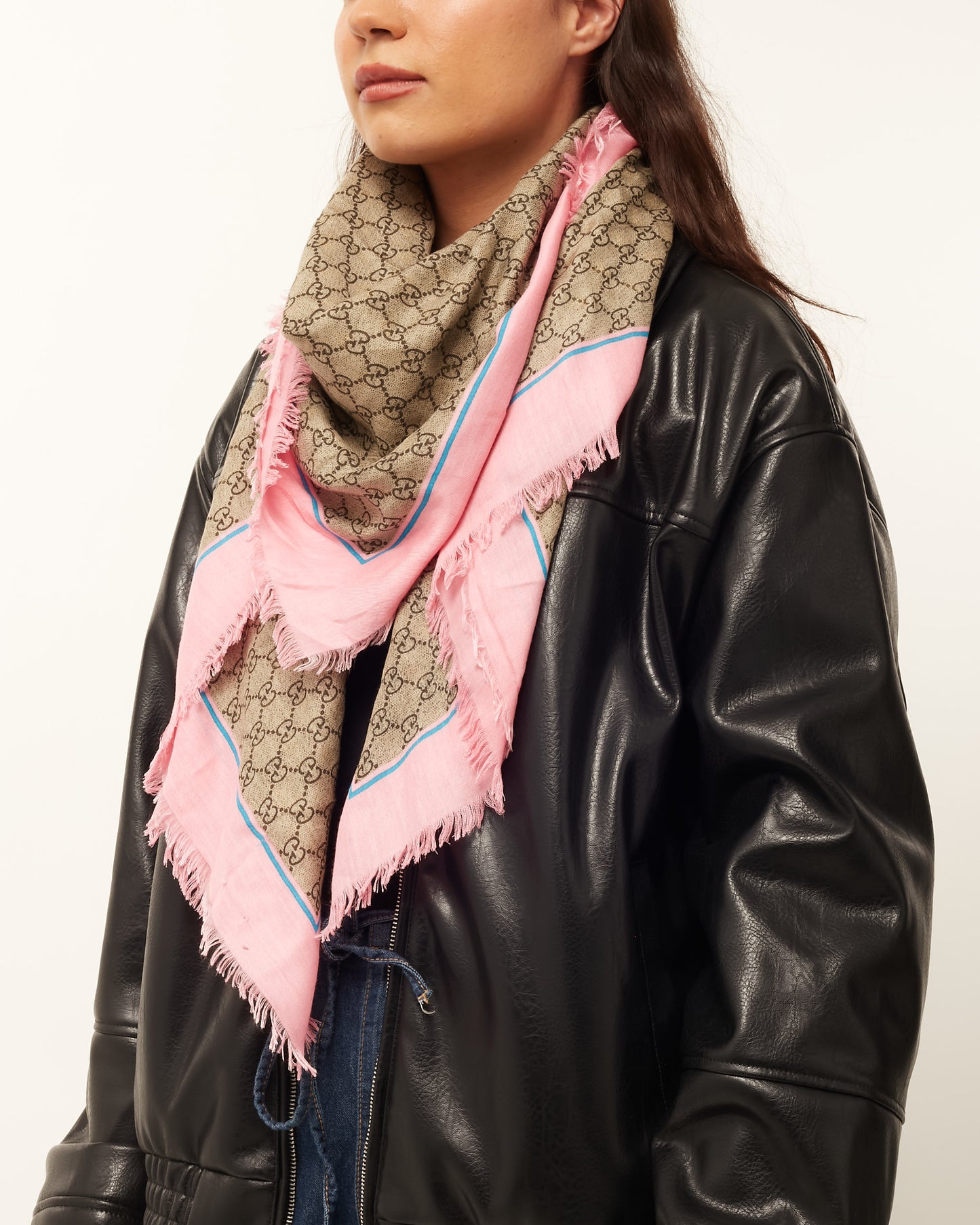 Gucci Beige And Ebony GG Supreme & Bee GG Monogram Pink Shawl Scarf