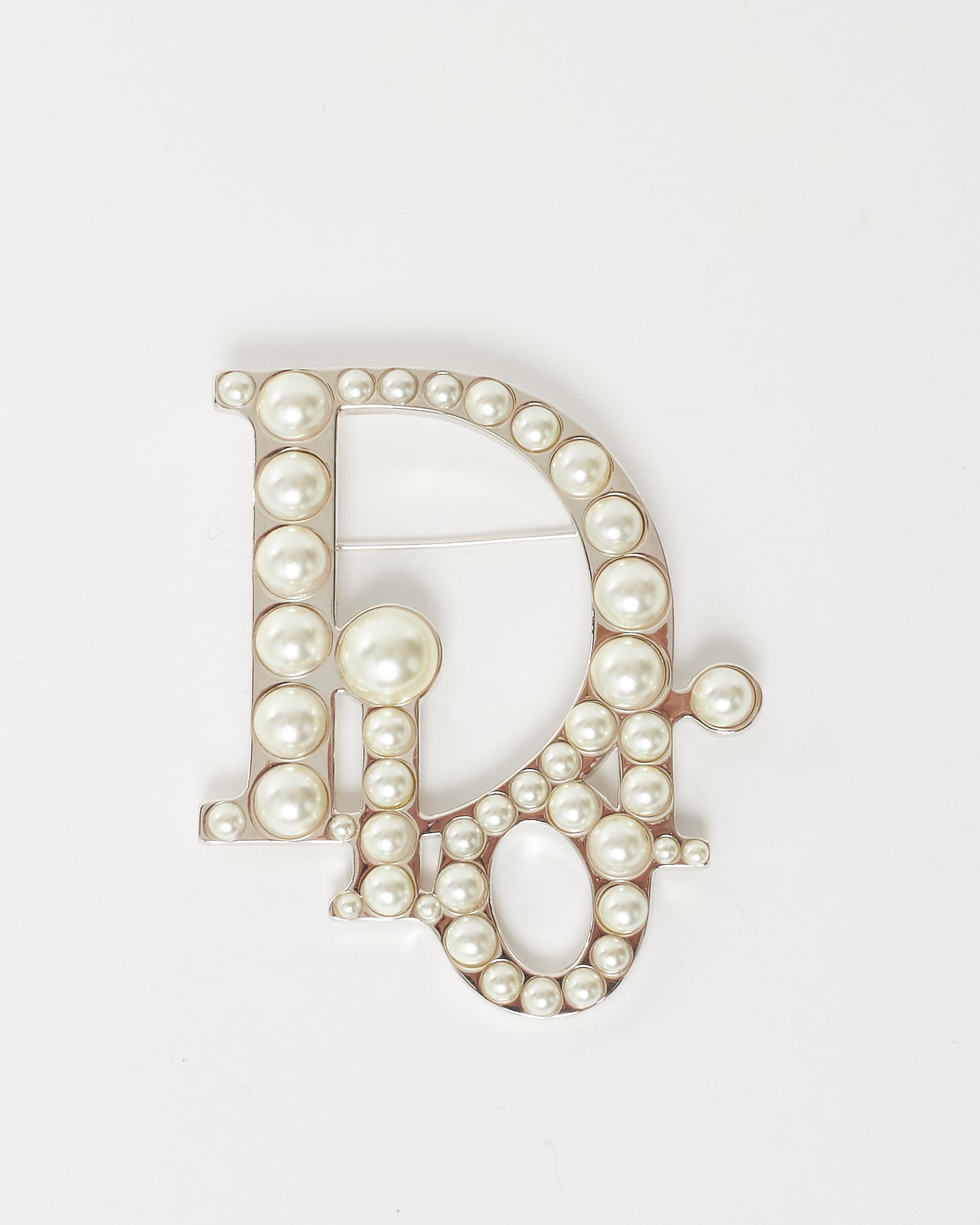Dior White Resin Pearls and Silver-Finish Brass Oblique Logo Brooch