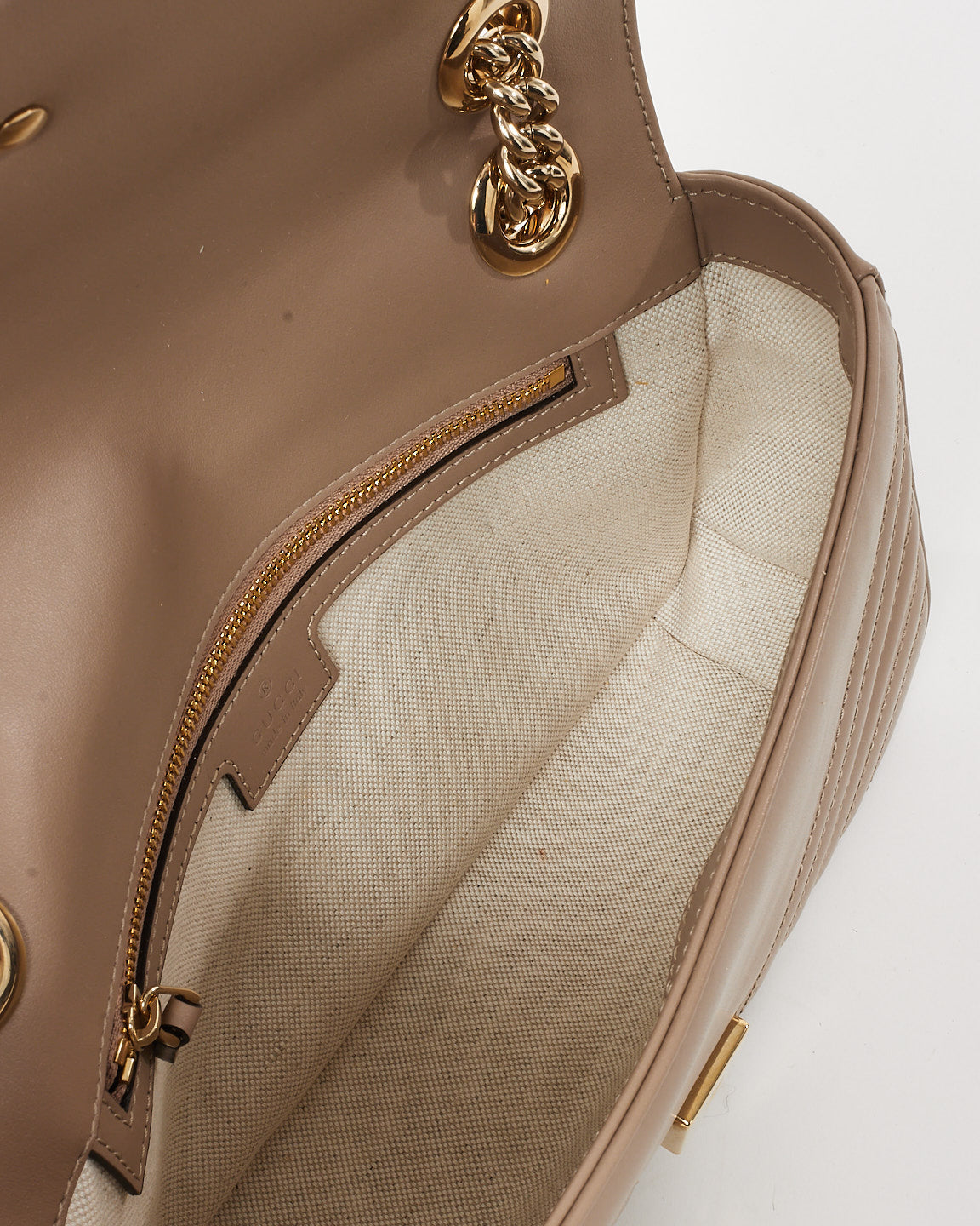 Gucci Taupe Matelassé Chevron Leather Small GG Marmont Shoulder Bag