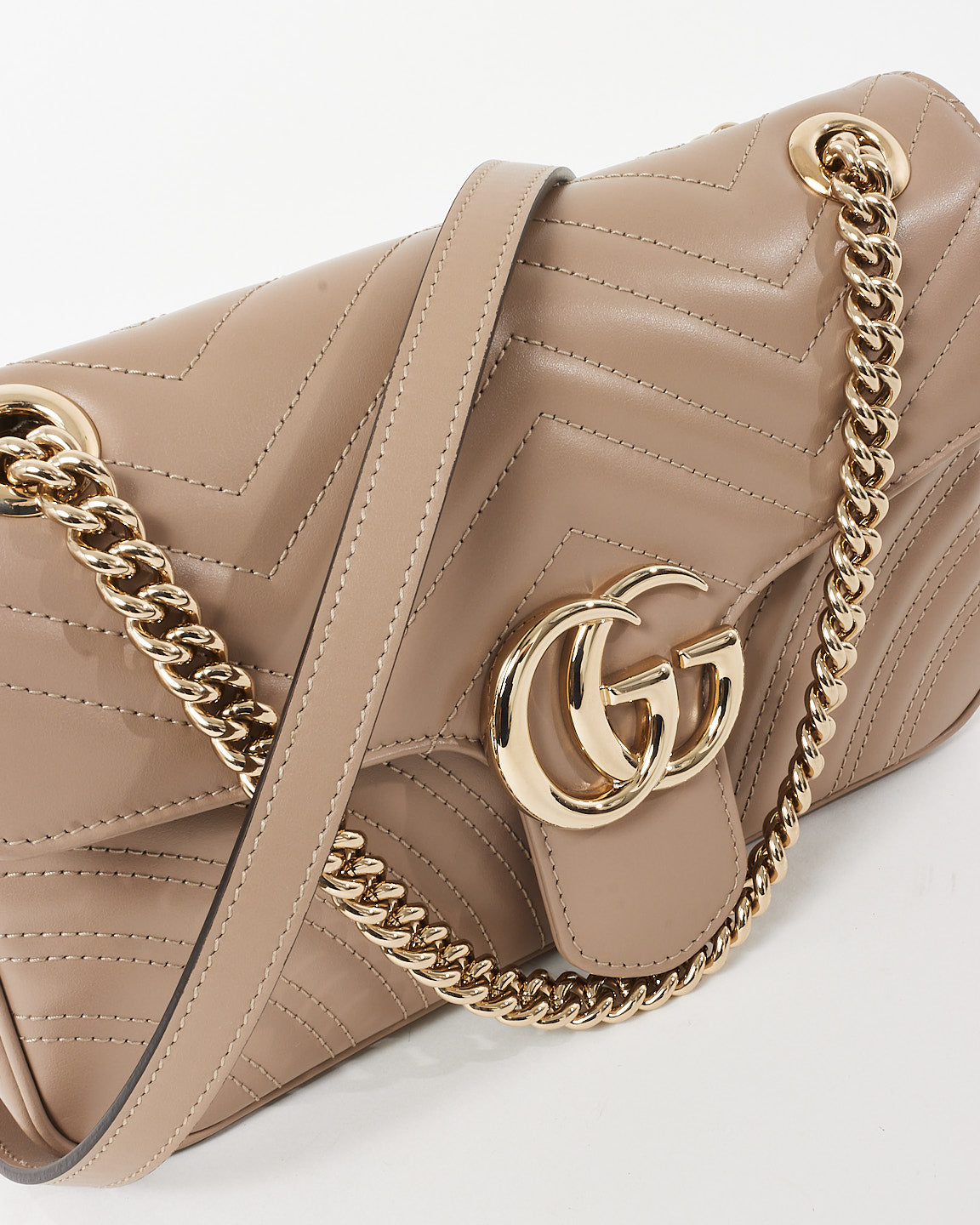 Gucci Taupe Matelassé Chevron Leather Small GG Marmont Shoulder Bag