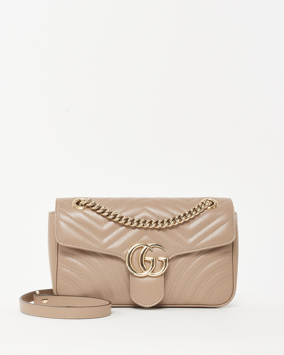 Gucci Taupe Matelassé Chevron Leather Small GG Marmont Shoulder Bag