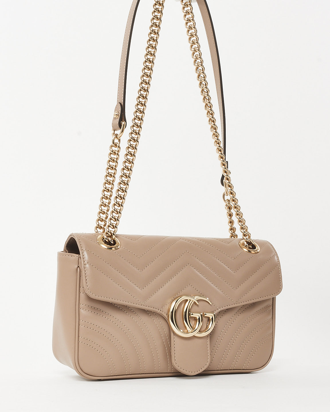 Gucci Taupe Matelassé Chevron Leather Small GG Marmont Shoulder Bag