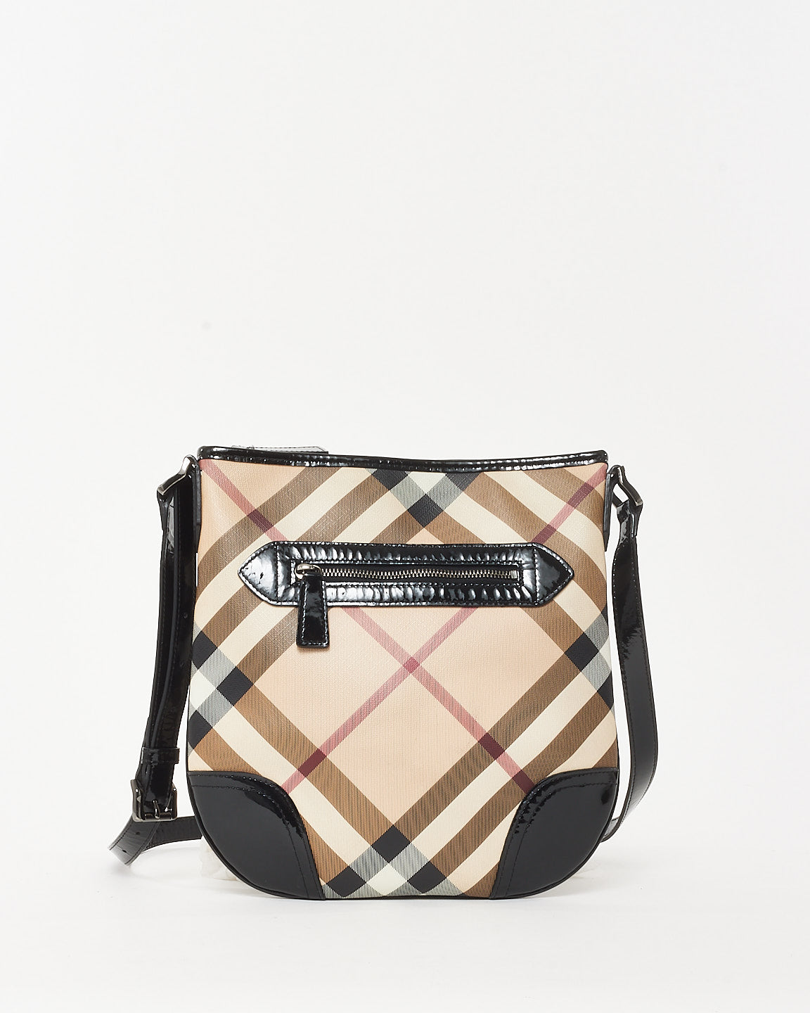 Burberry Beige Nova Check Coated Canvas Black Patent Trim Dryden Crossbody Bag