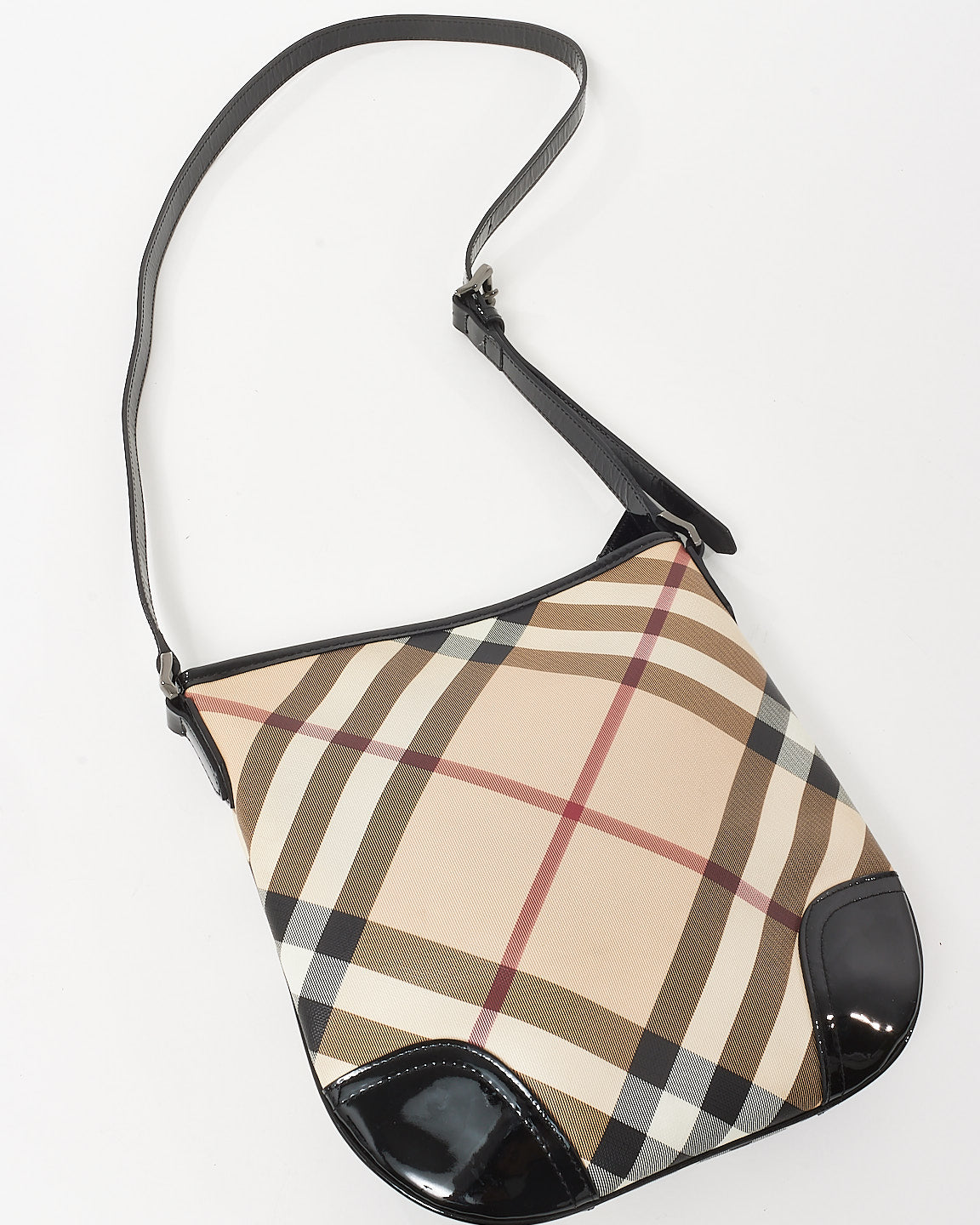 Burberry Beige Nova Check Coated Canvas Black Patent Trim Dryden Crossbody Bag