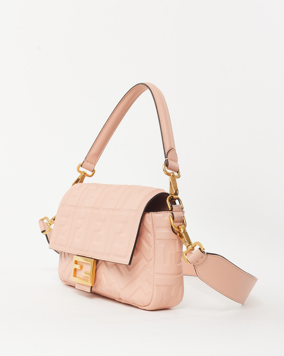 Fendi Pink FF Logo Embossed Leather Baguette Bag