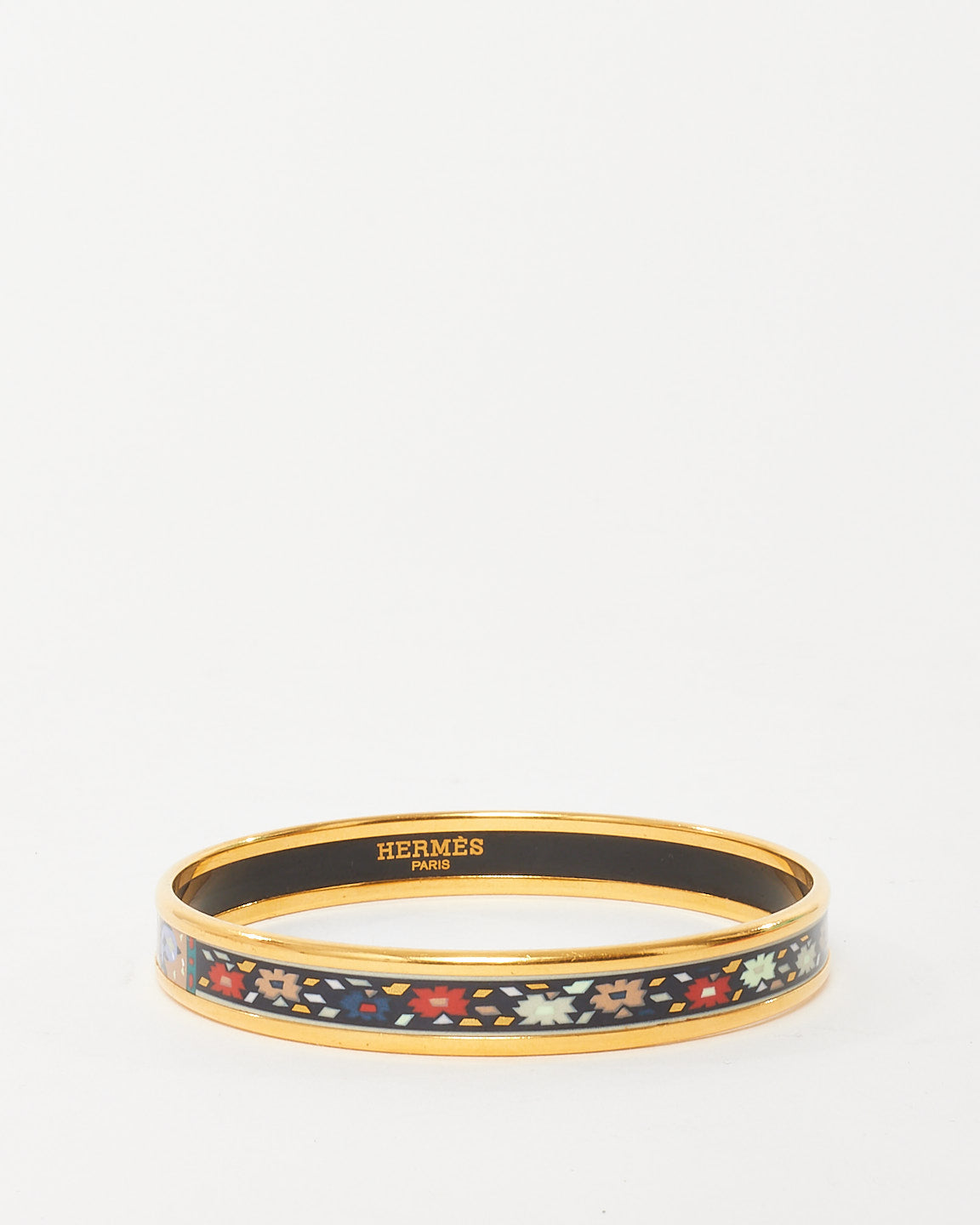 Hermès Gold/Navy & Multi Printed Floral Motif Enamel Thin Bangle Bracelet