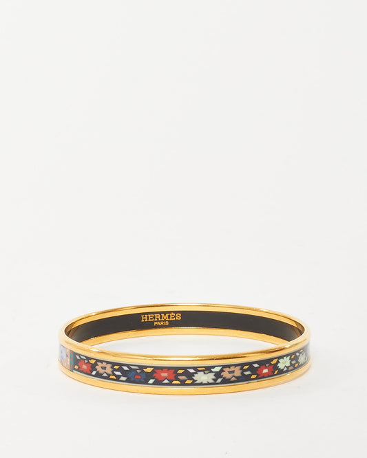 Hermès Gold/Navy & Multi Printed Floral Motif Enamel Thin Bangle Bracelet