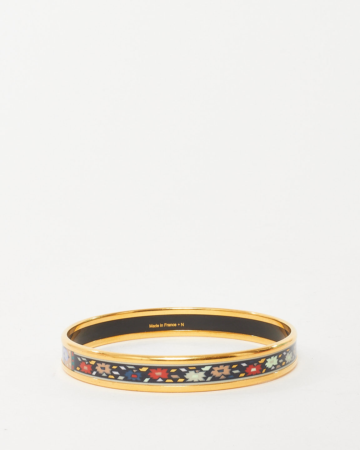 Hermès Gold/Navy & Multi Printed Floral Motif Enamel Thin Bangle Bracelet