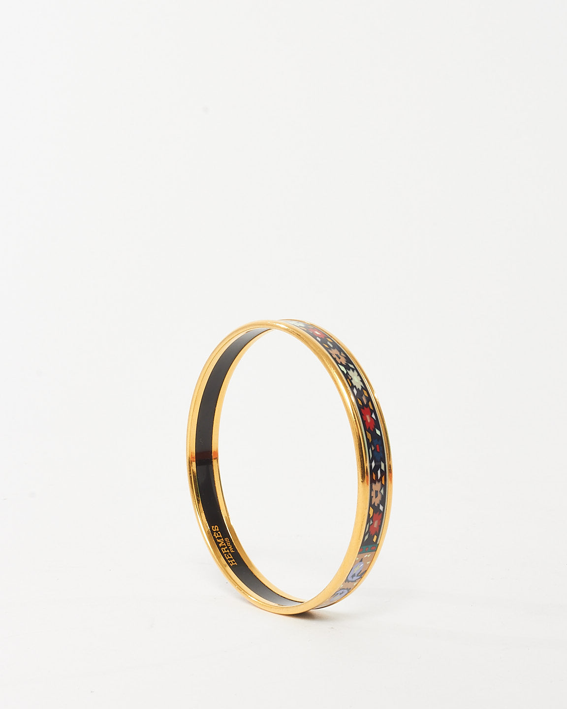 Hermès Gold/Navy & Multi Printed Floral Motif Enamel Thin Bangle Bracelet