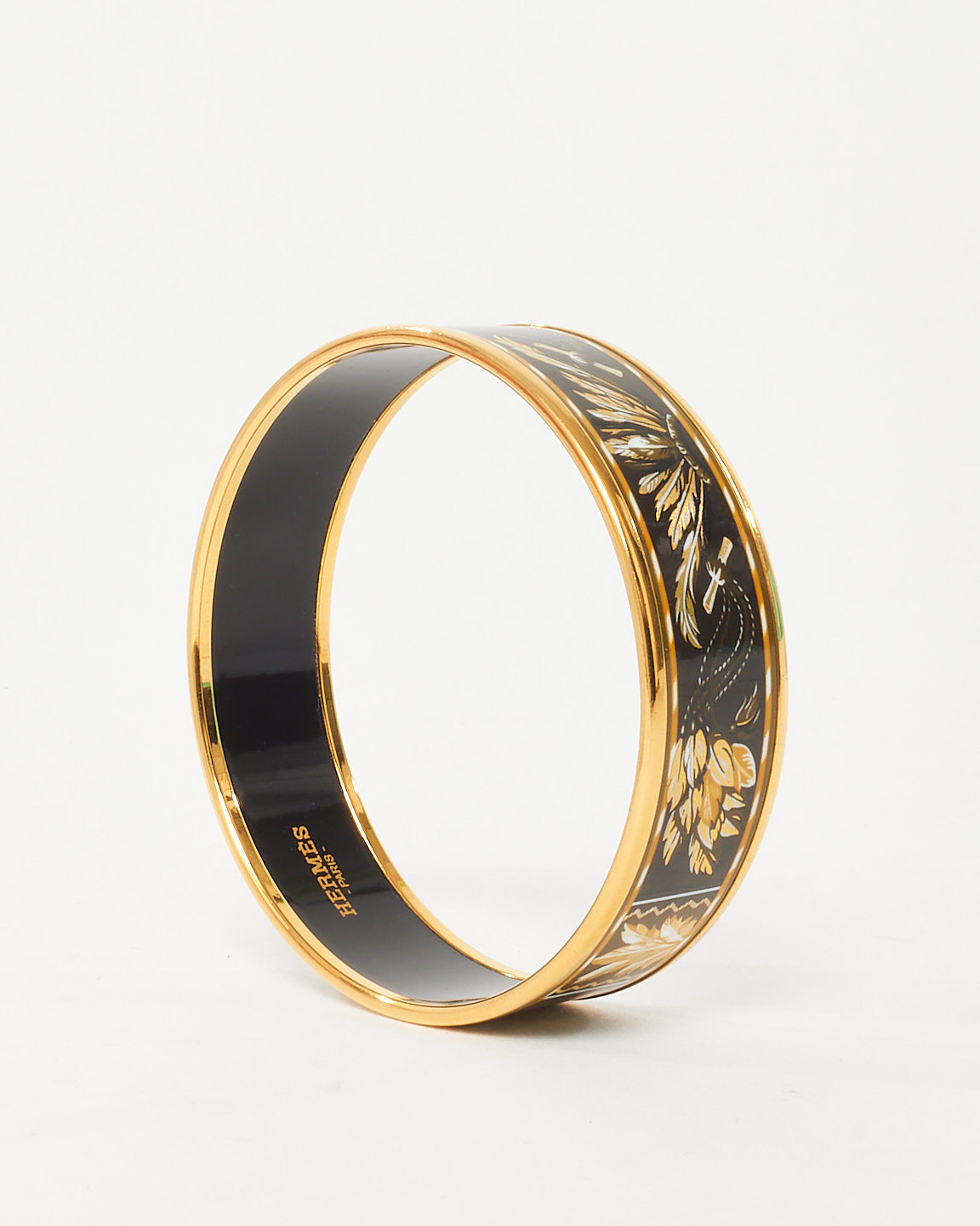 Hermès Black & Gold Enamel Printed Brazil Wide Bangle Bracelet