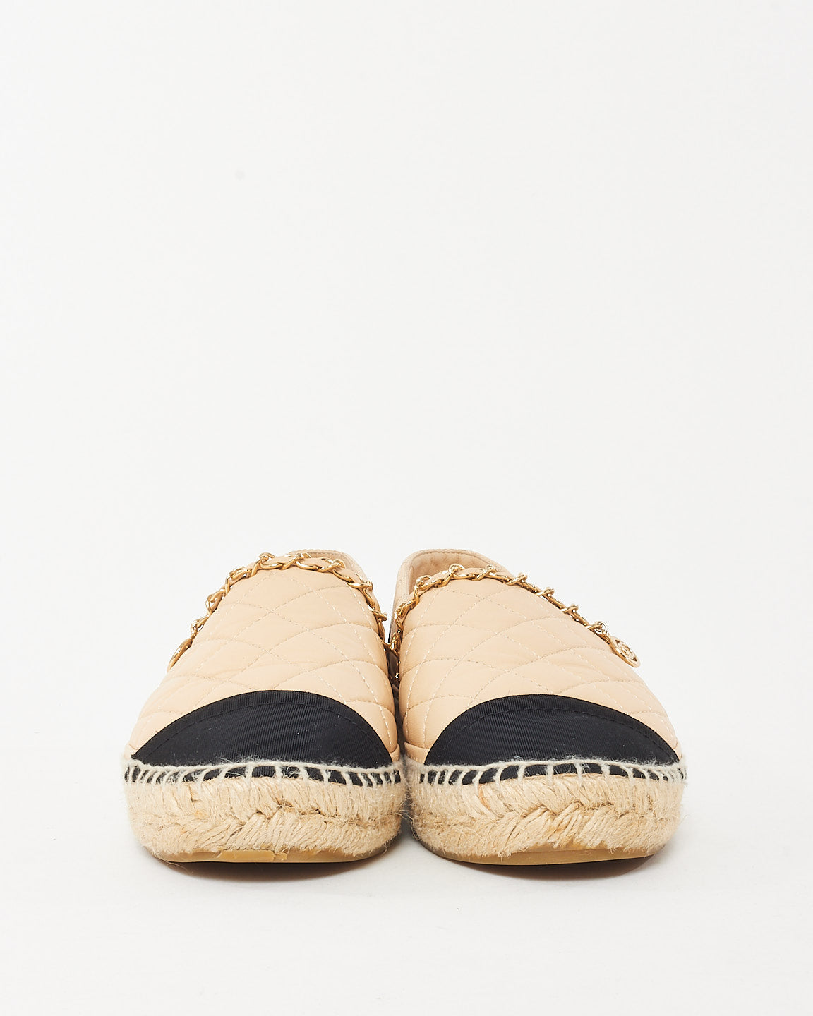 Chanel Beige/Black Quilted Leather CC Logo Chain Espadrilles - 39