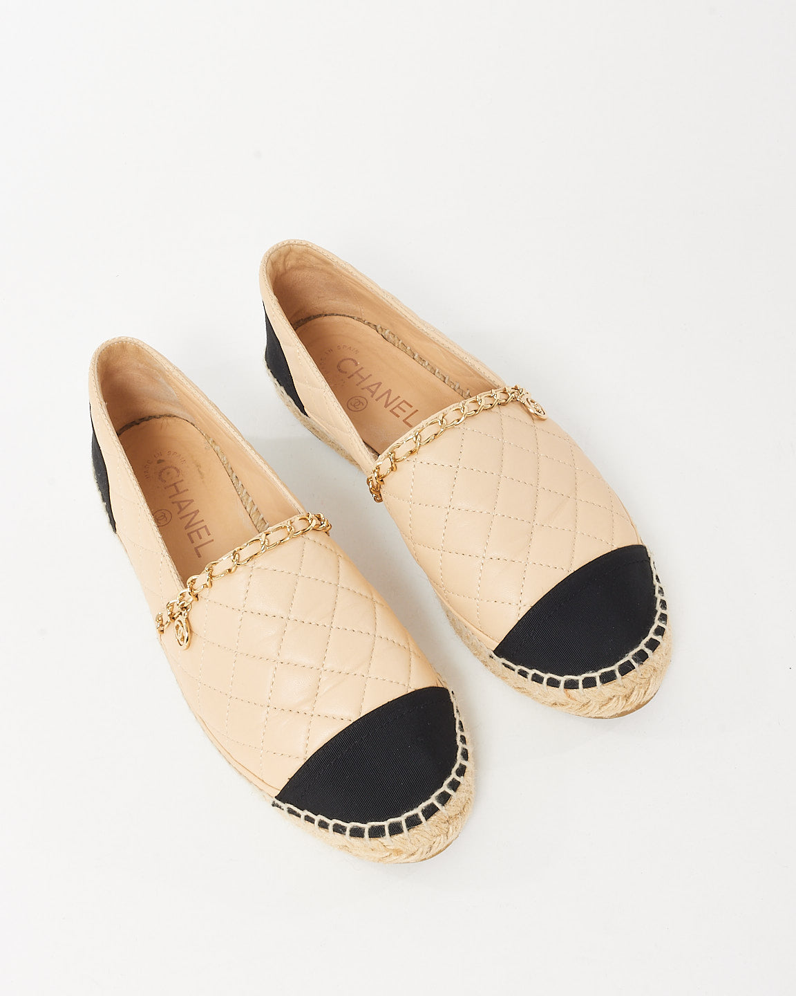 Chanel Beige/Black Quilted Leather CC Logo Chain Espadrilles - 39
