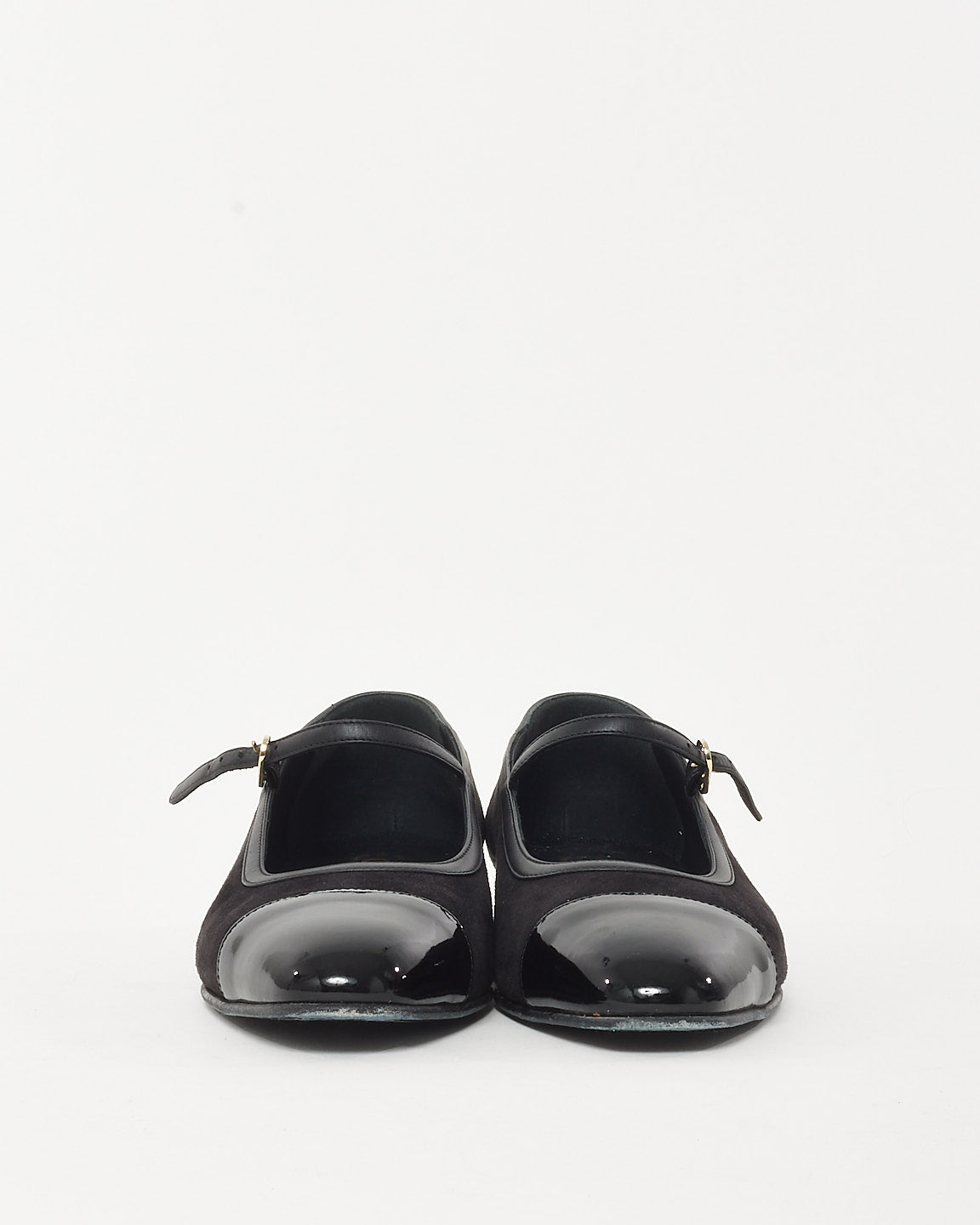 Chanel Black Suede Patent Cap Toe Crystal CC Logo Mary Jane Flats - 39.5