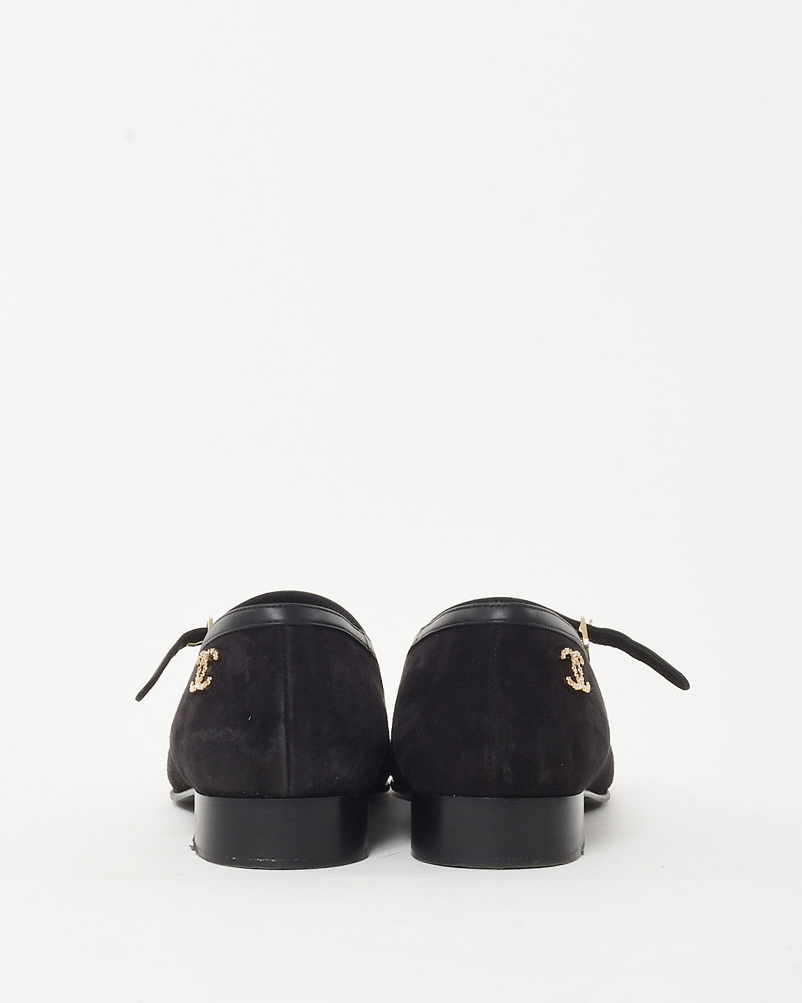 Chanel Black Suede Patent Cap Toe Crystal CC Logo Mary Jane Flats - 39.5