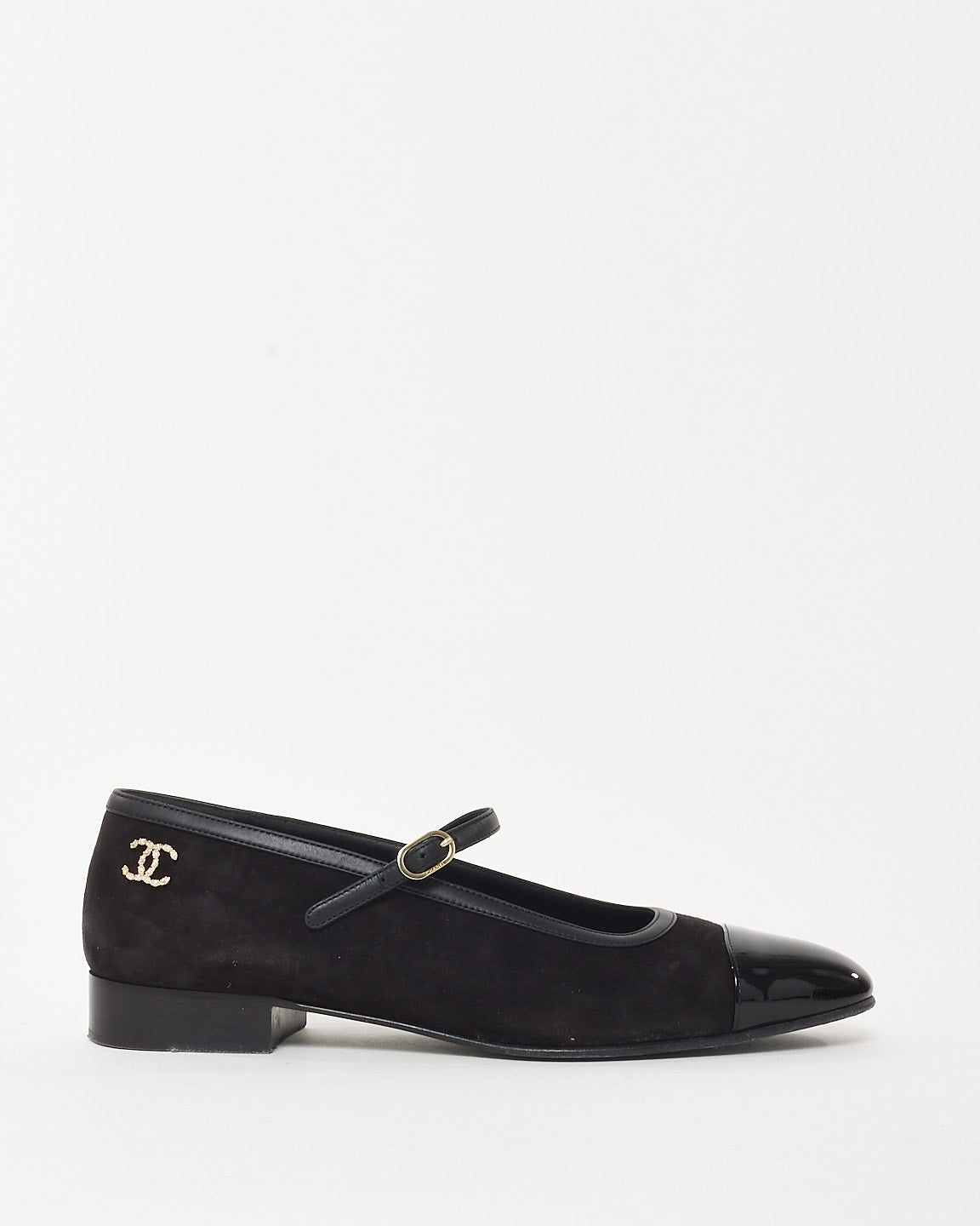 Chanel Black Suede Patent Cap Toe Crystal CC Logo Mary Jane Flats - 39.5