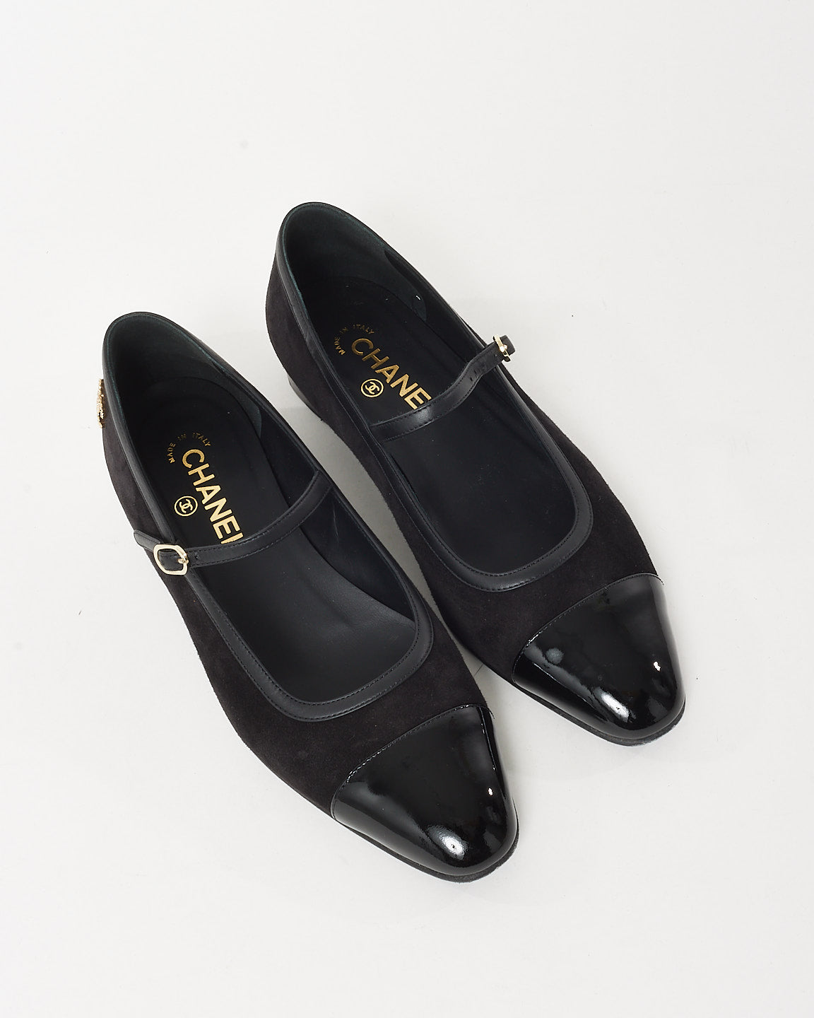 Chanel Black Suede Patent Cap Toe Crystal CC Logo Mary Jane Flats - 39.5