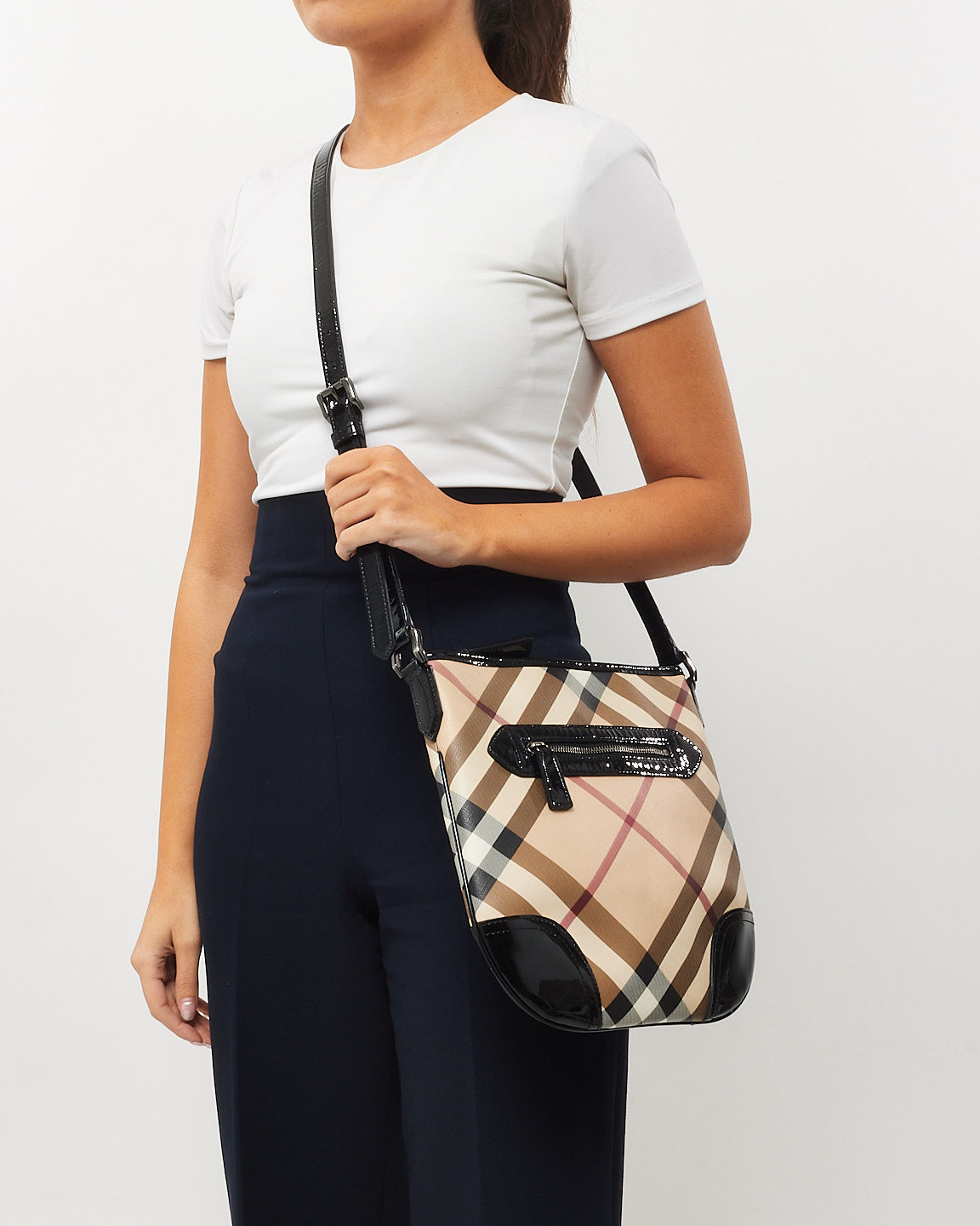 Burberry Beige Nova Check Coated Canvas Black Patent Trim Dryden Crossbody Bag