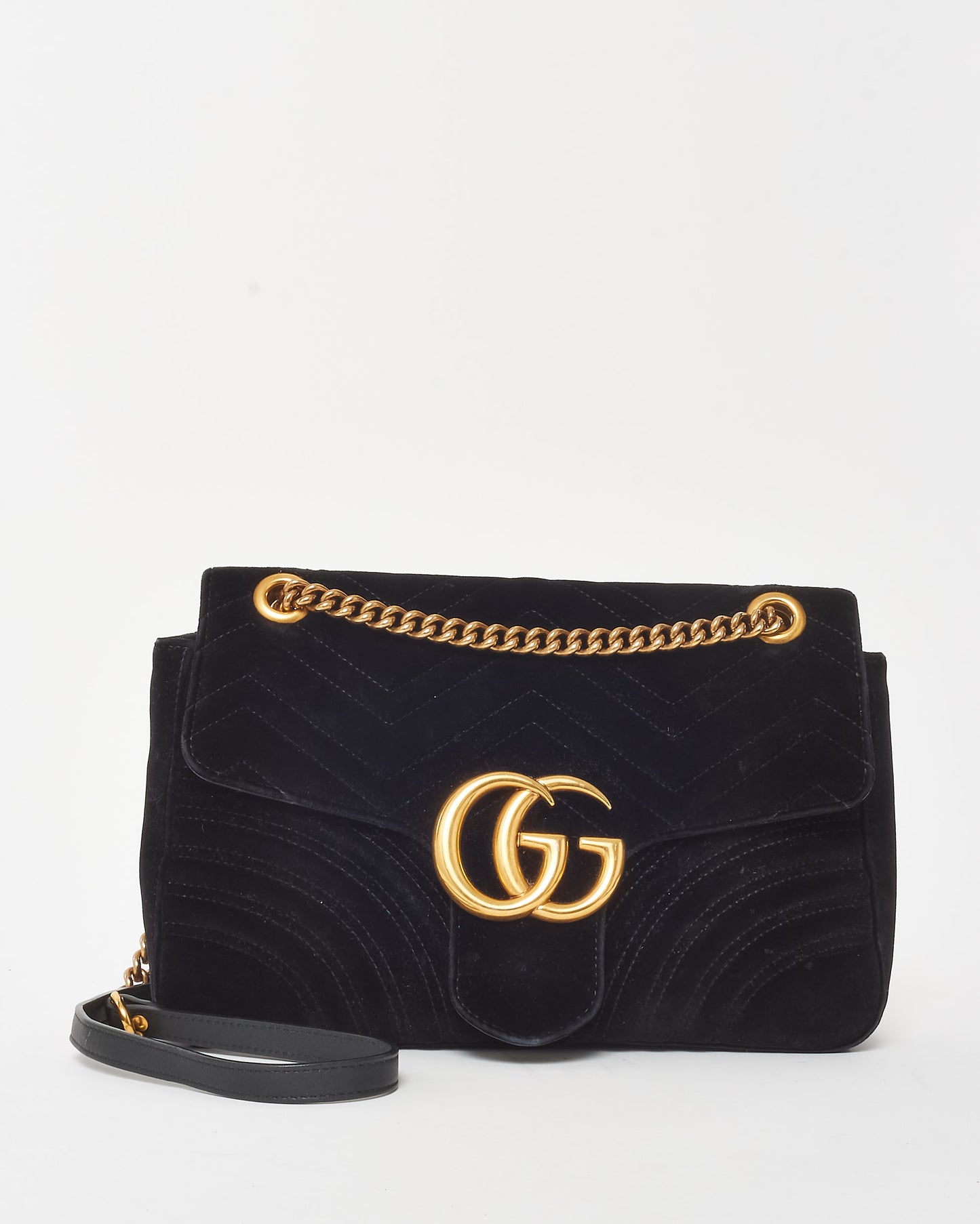 Gucci Black Matelassé Velvet Medium GG Marmont Flap Shoulder Bag