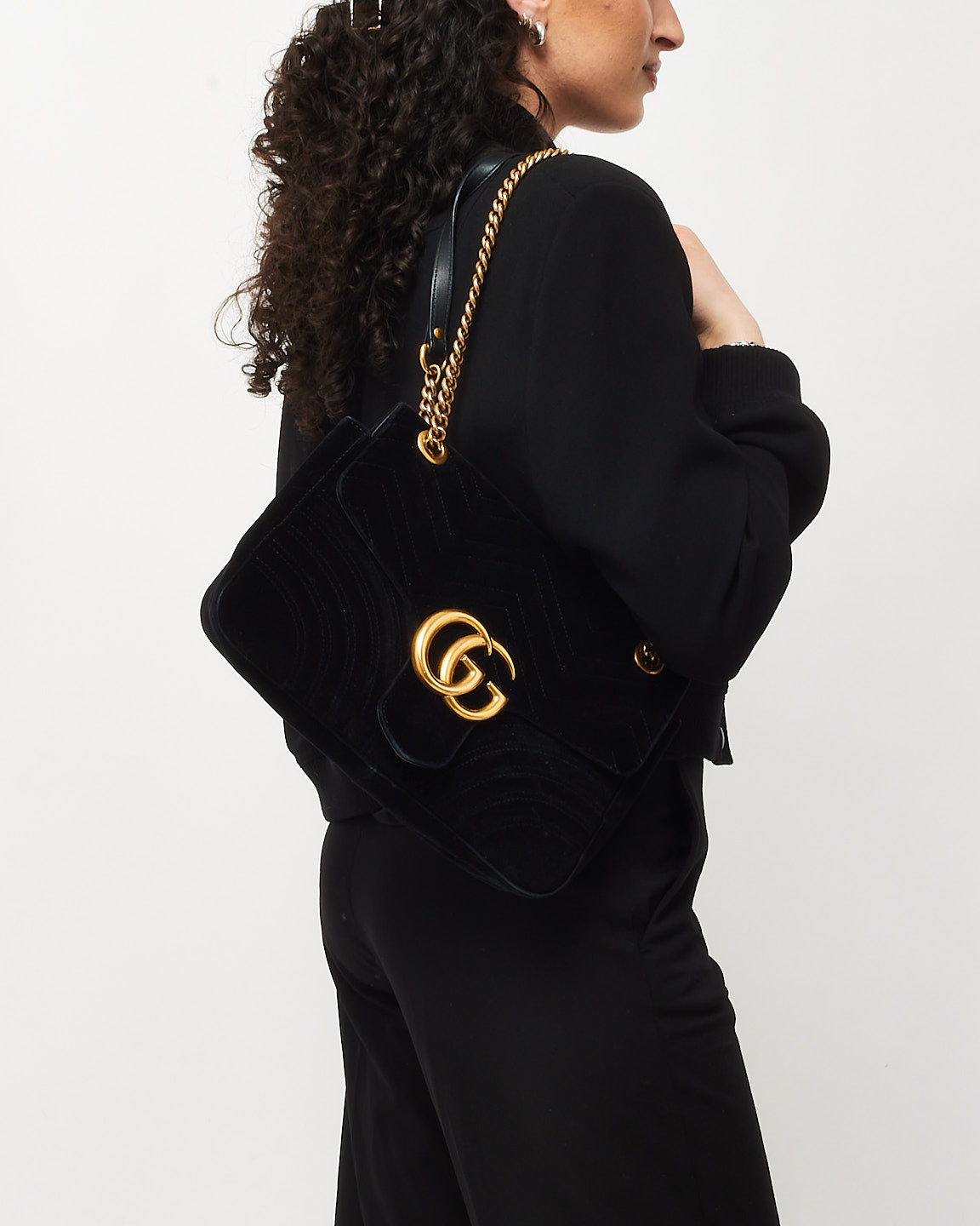 Gucci Black Matelassé Velvet Medium GG Marmont Flap Shoulder Bag