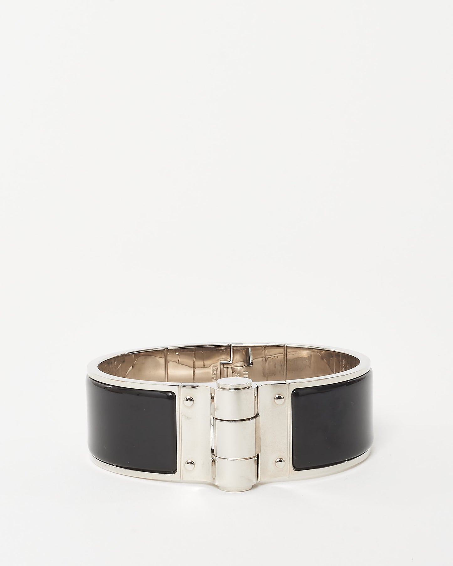 Hermès Silver and Black Enamel Wide Hinged Cuff Bracelet - M