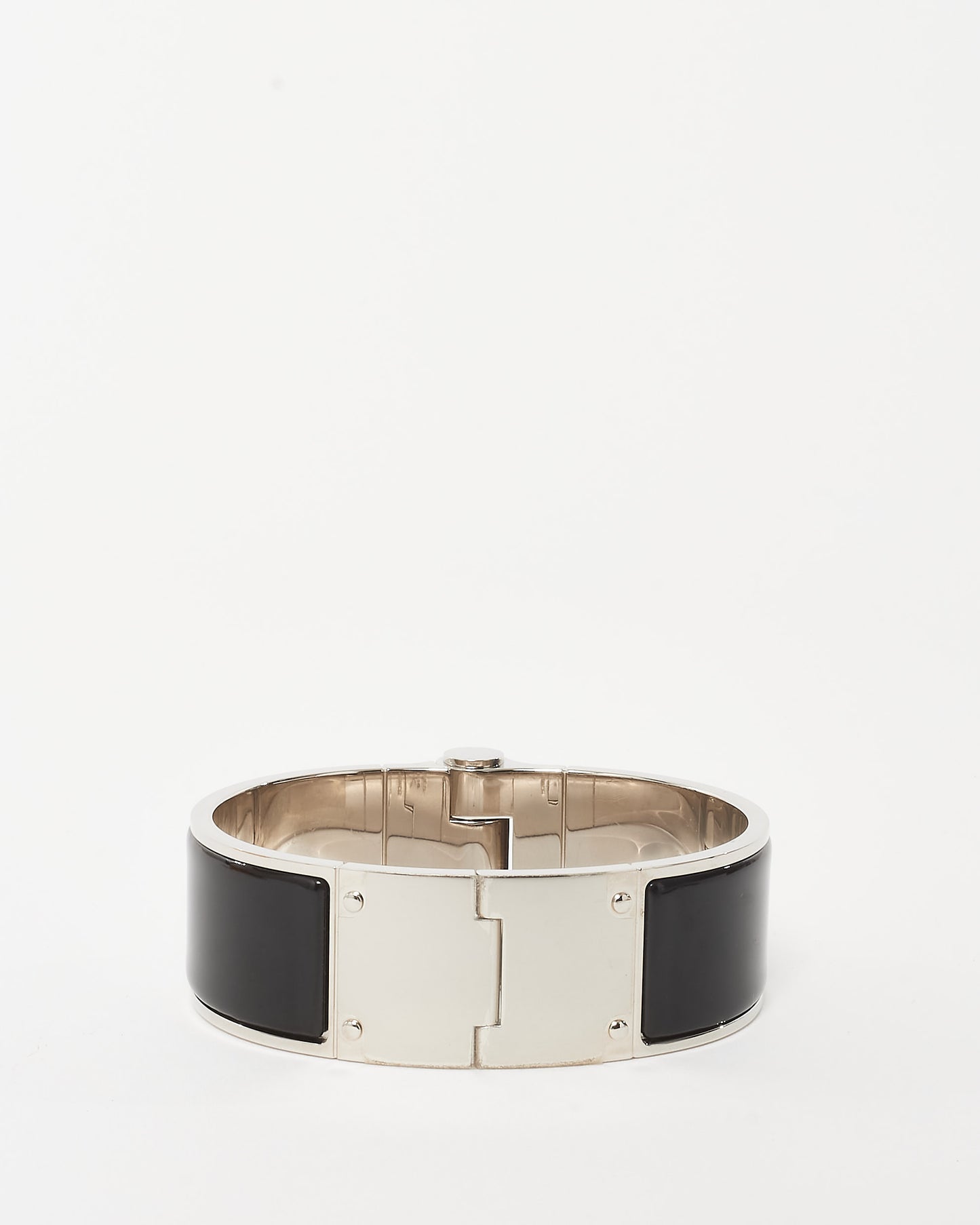 Hermès Silver and Black Enamel Wide Hinged Cuff Bracelet - M