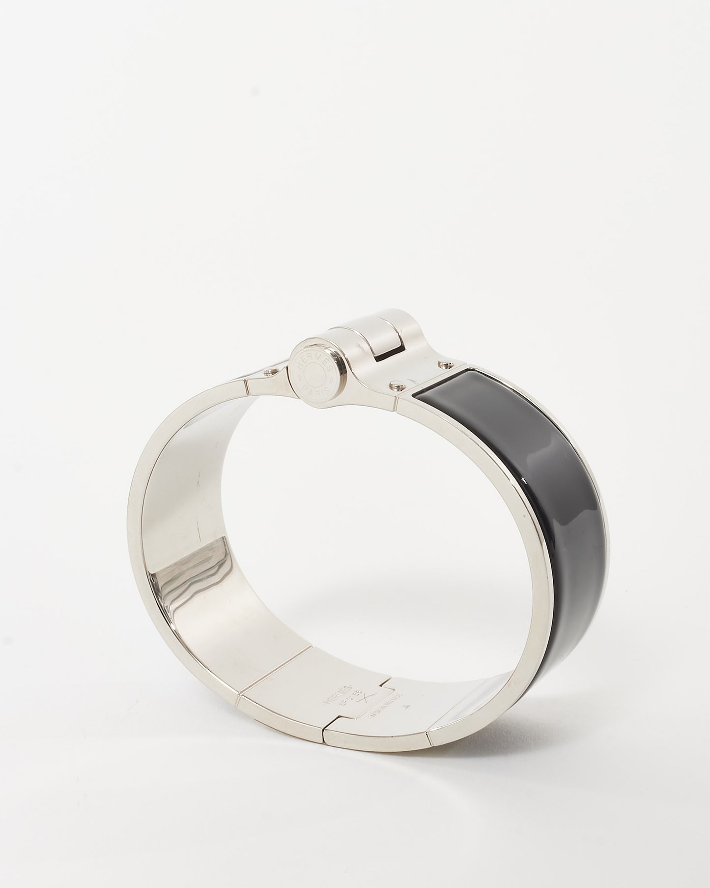 Hermès Silver and Black Enamel Wide Hinged Cuff Bracelet - M