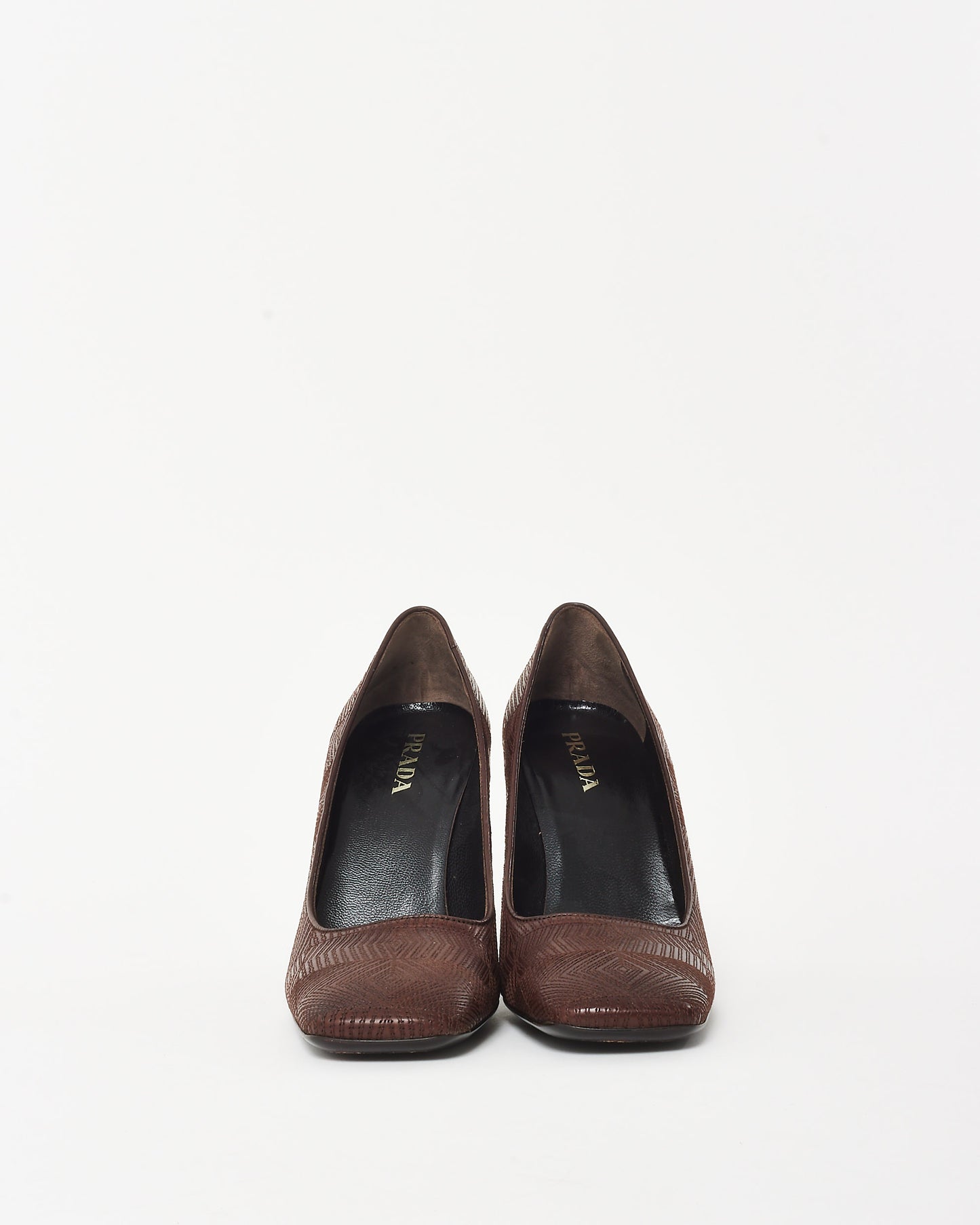 Prada Brown Geometric Embossed Leather Square Toe Pumps - 38