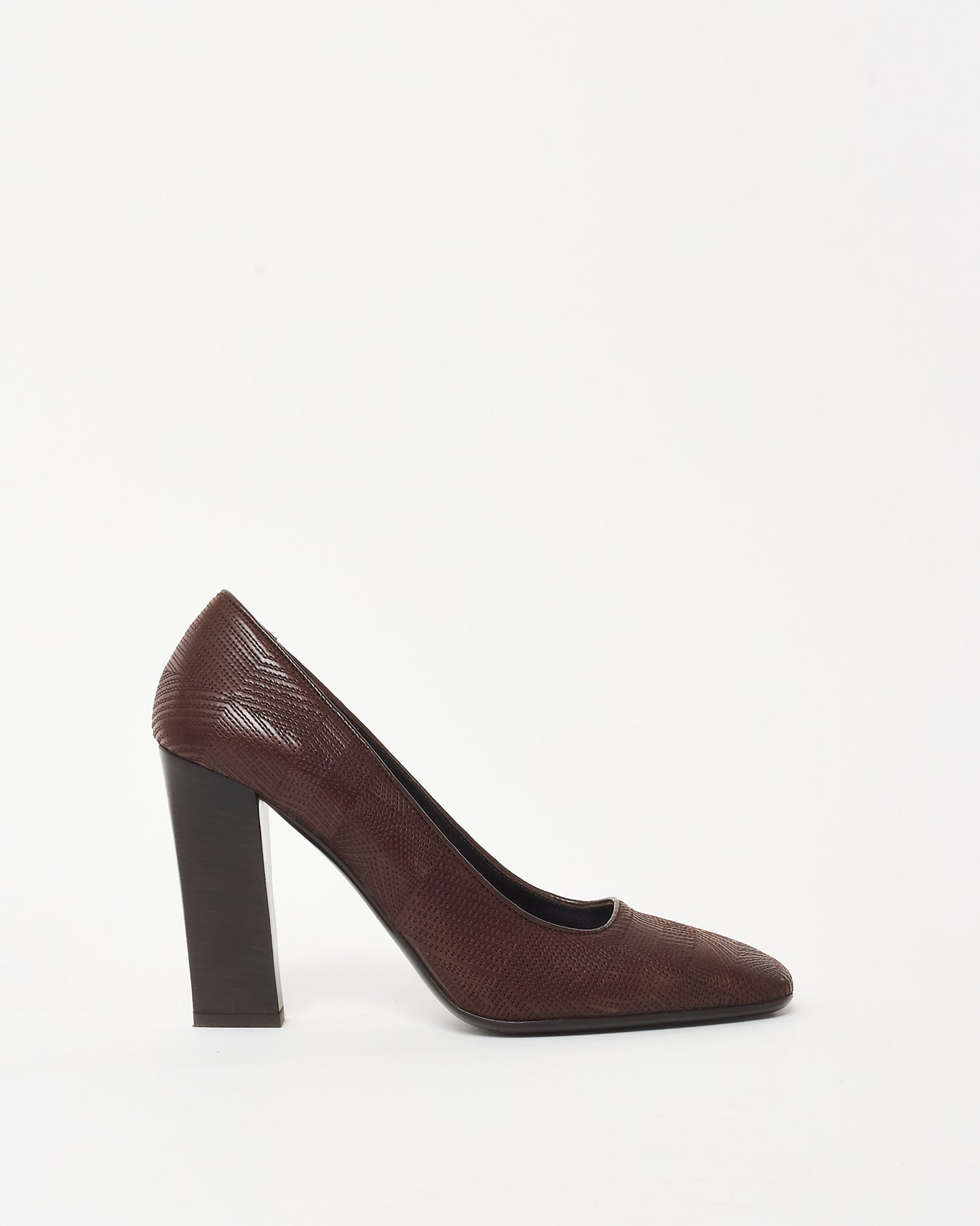Prada Brown Geometric Embossed Leather Square Toe Pumps - 38