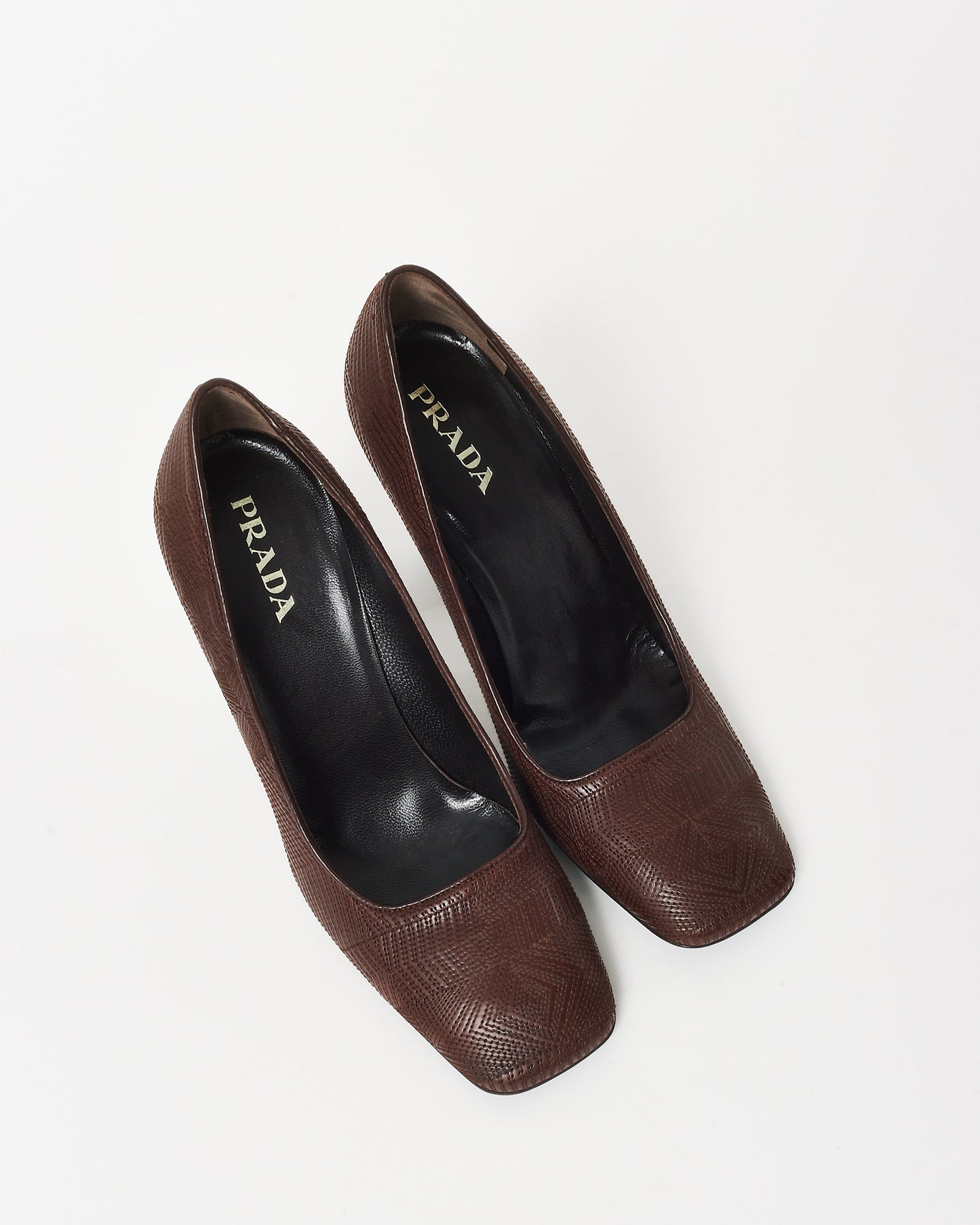 Prada Brown Geometric Embossed Leather Square Toe Pumps - 38