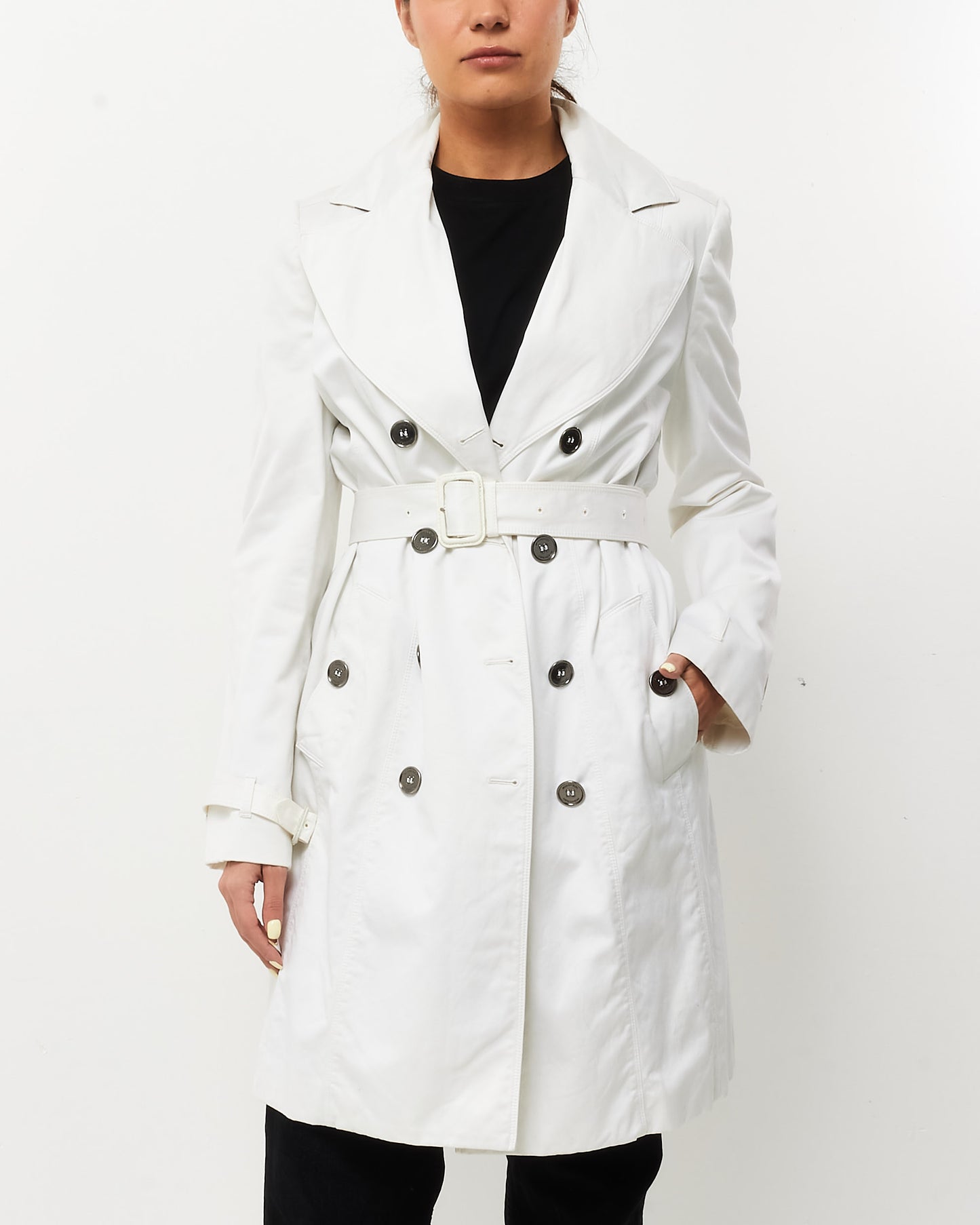 Burberry White Cotton Belted Trench Coat - US 12