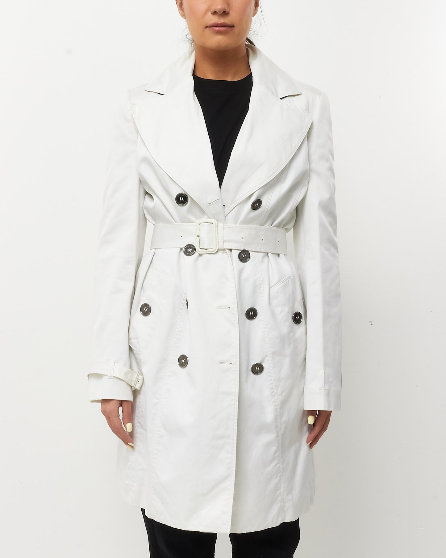 Burberry White Cotton Belted Trench Coat - US 12