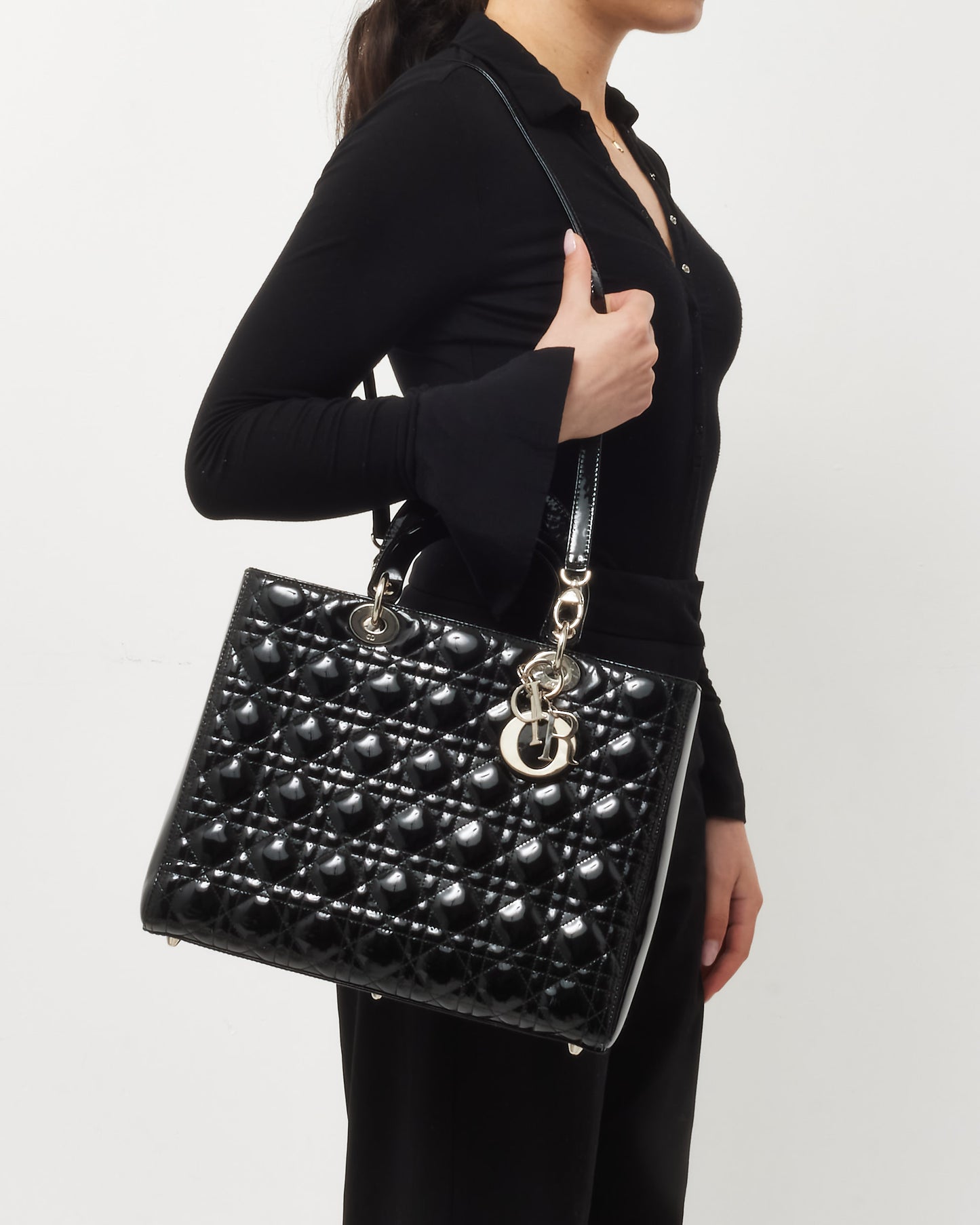 Dior Black Cannage Patent Leather Large Lady Dior Tote SHW